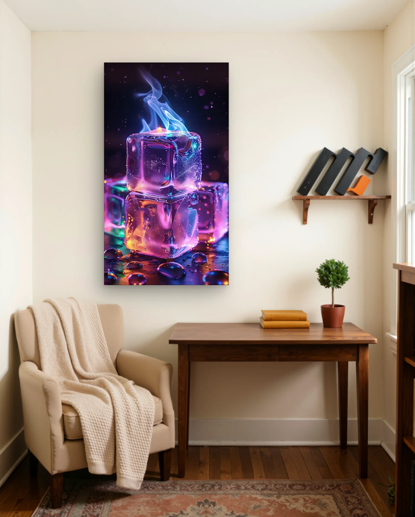 Neon Ice Cubes With Blue Smoke Wall Art — Modern Digital Art abstract & modern wall art poster