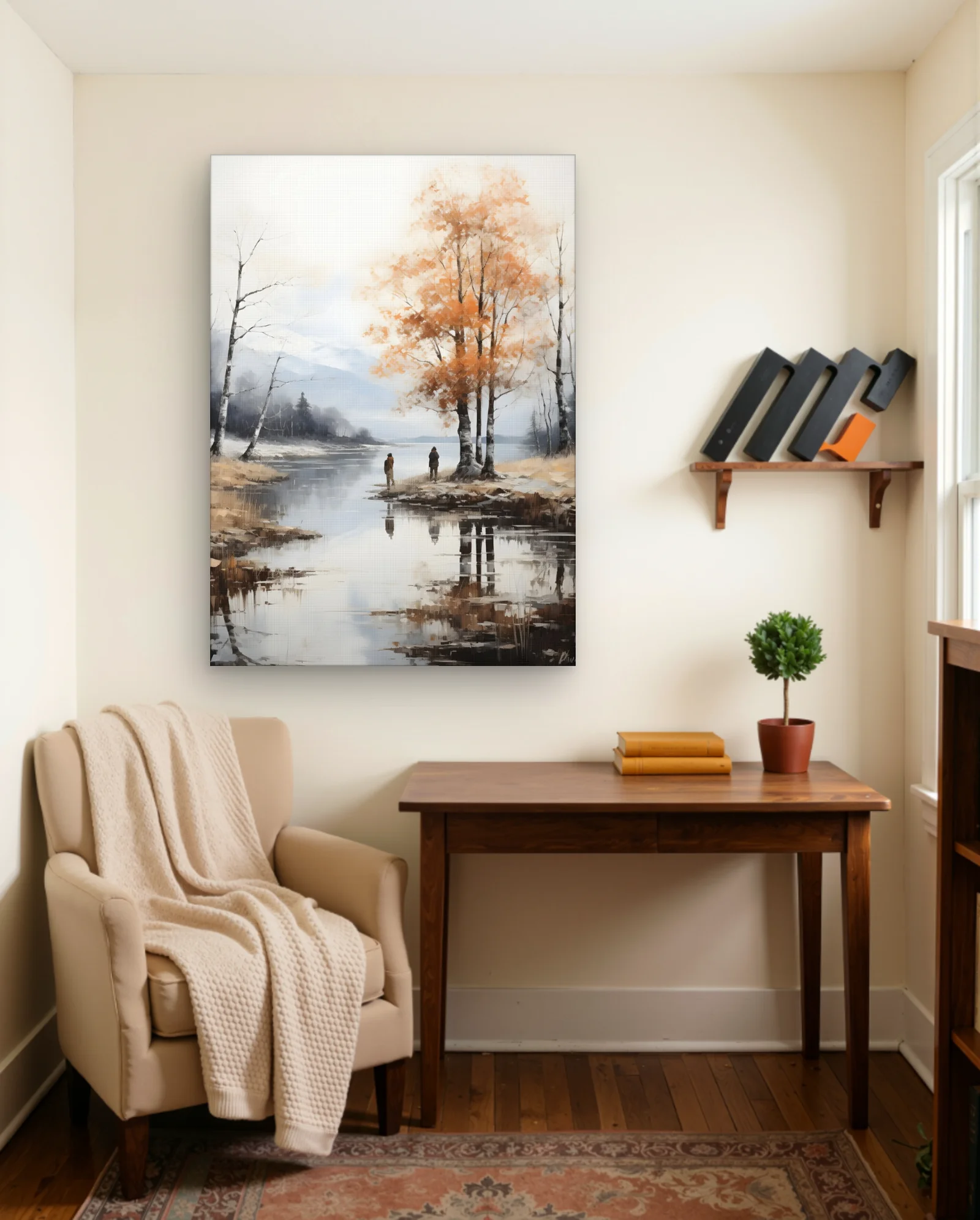 Autumn Lake Two Fishermen Wall Art — framed wall art poster by Memocult