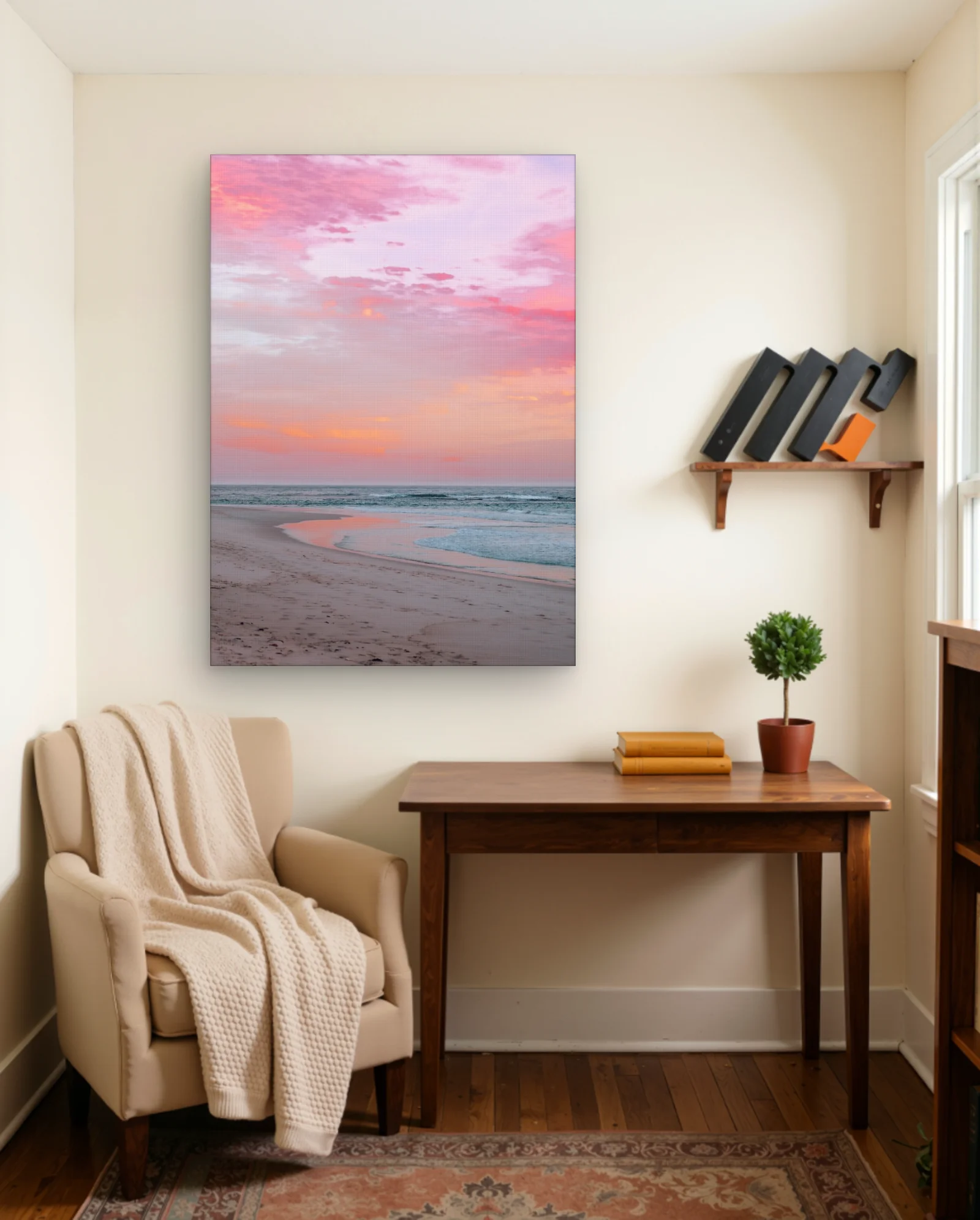 Pink Orange Sunset Beach Wall Art — framed wall art poster by Memocult