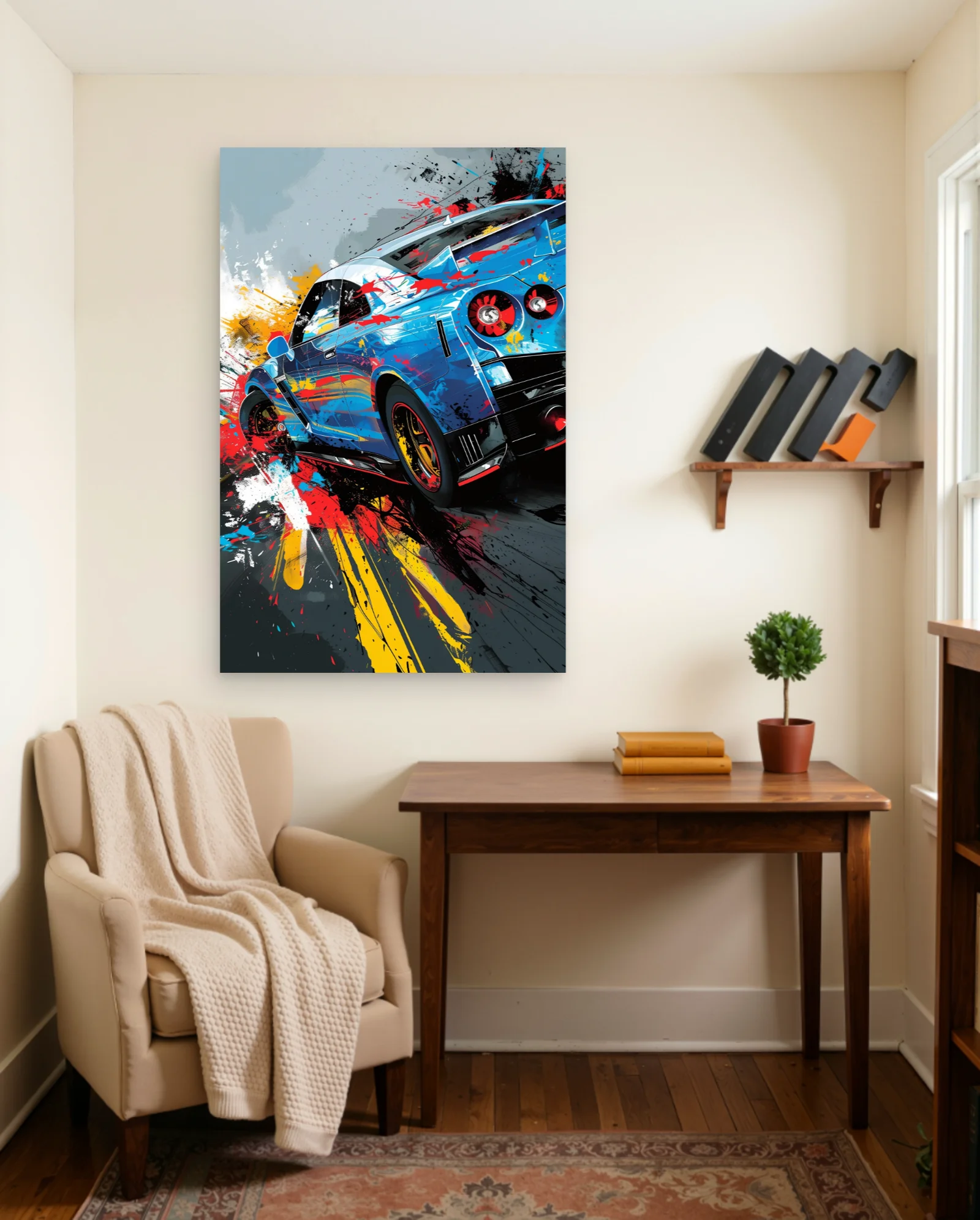 Nissan GT R Blue Splash Art Poster — framed wall art poster by Memocult