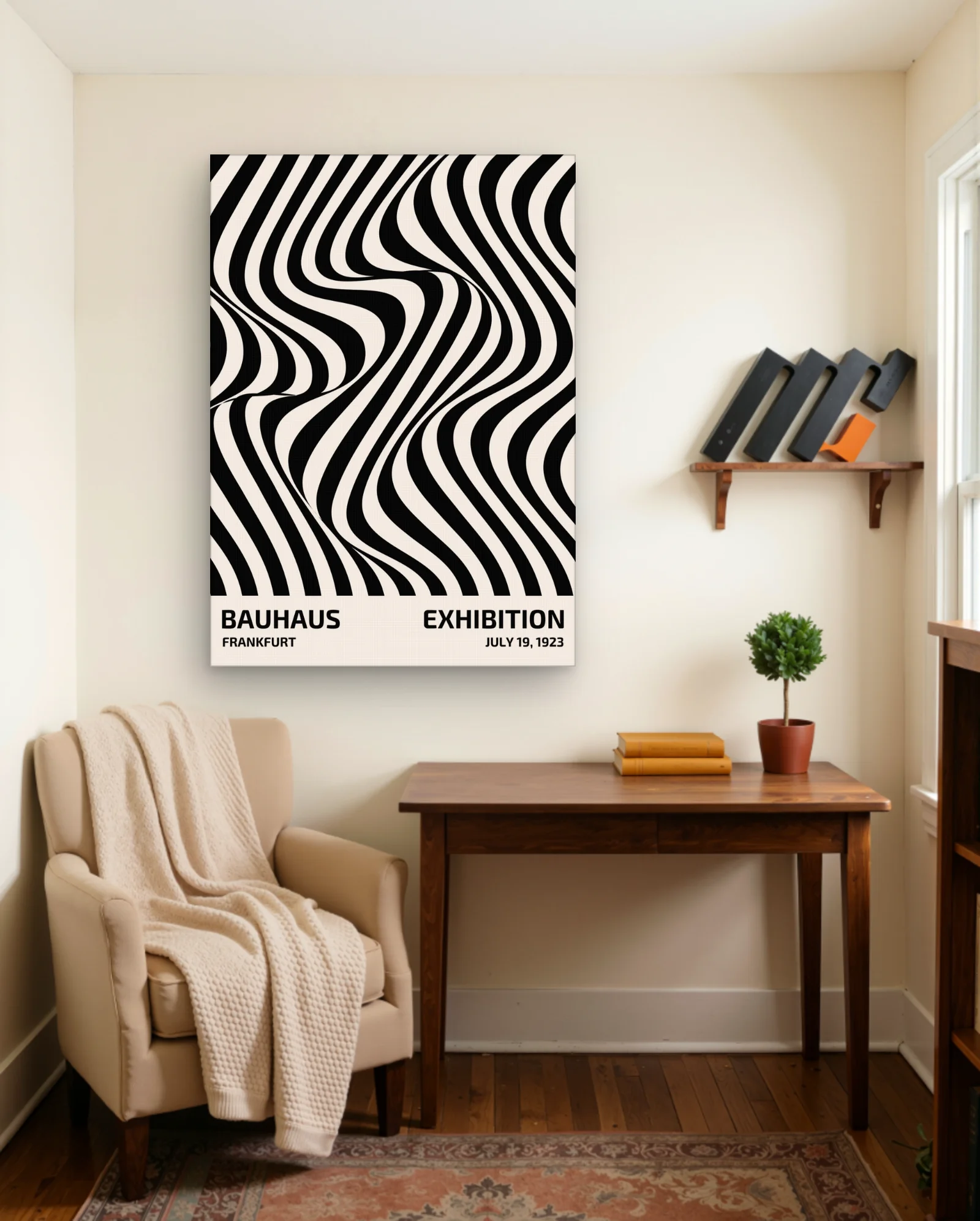 Bauhaus Wavy Stripes — Frankfurt Exhibition Poster (Cream & Black) — framed wall art poster by Memocult