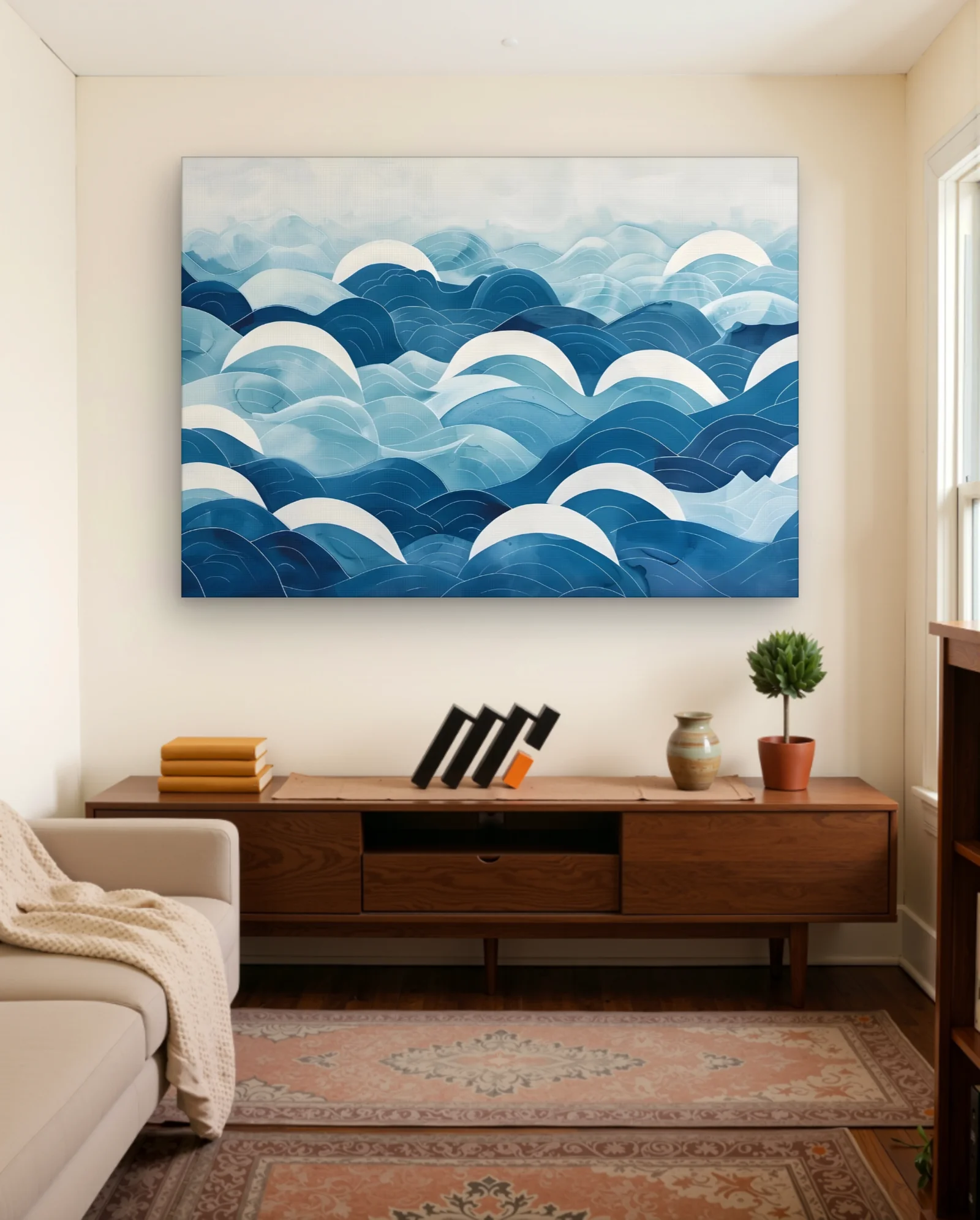 Layered Indigo Ocean Waves Wall Art — framed wall art poster by Memocult