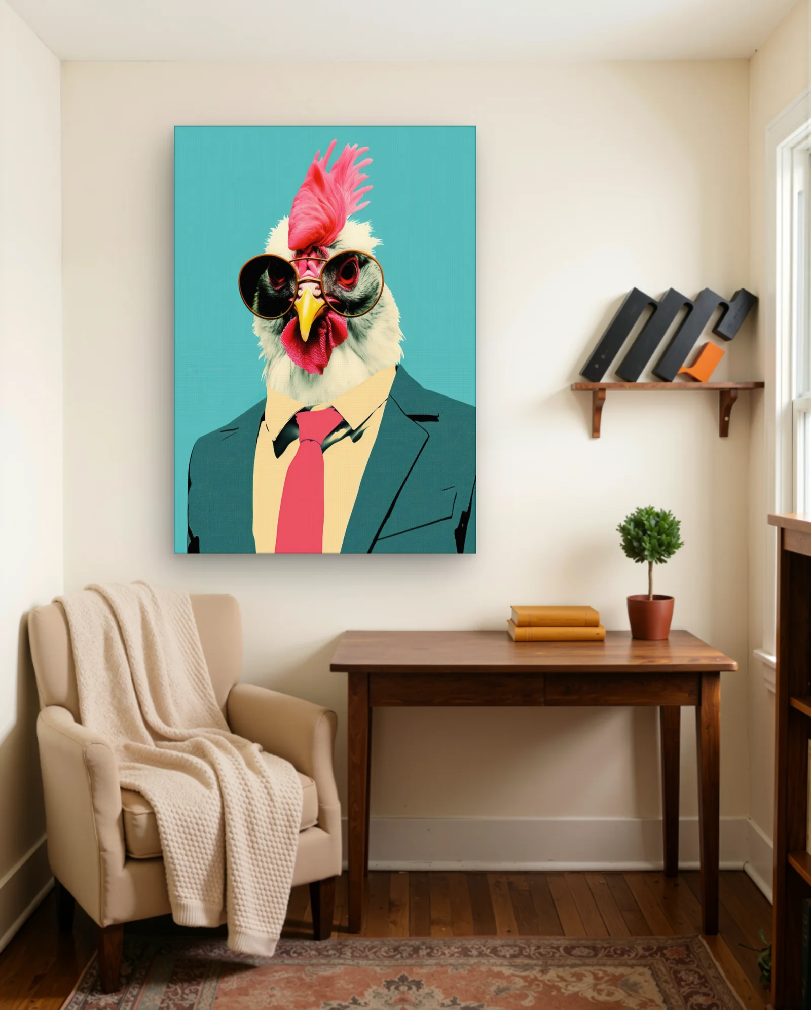 Rooster In Teal Suit Pink Tie Wall Art — Modern Digital Art abstract & modern wall art poster