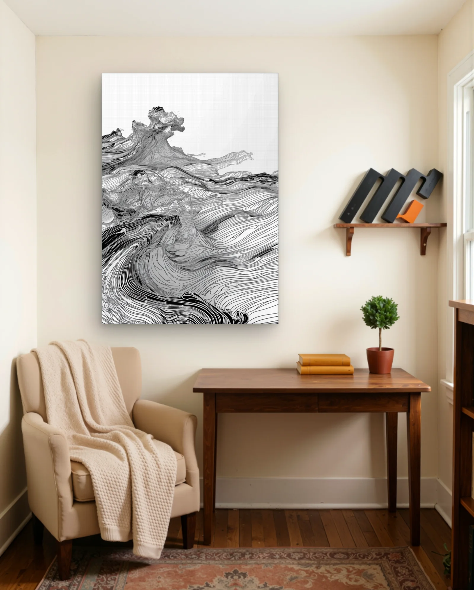 Monochrome Line Art Waves Wall Art — framed wall art poster by Memocult