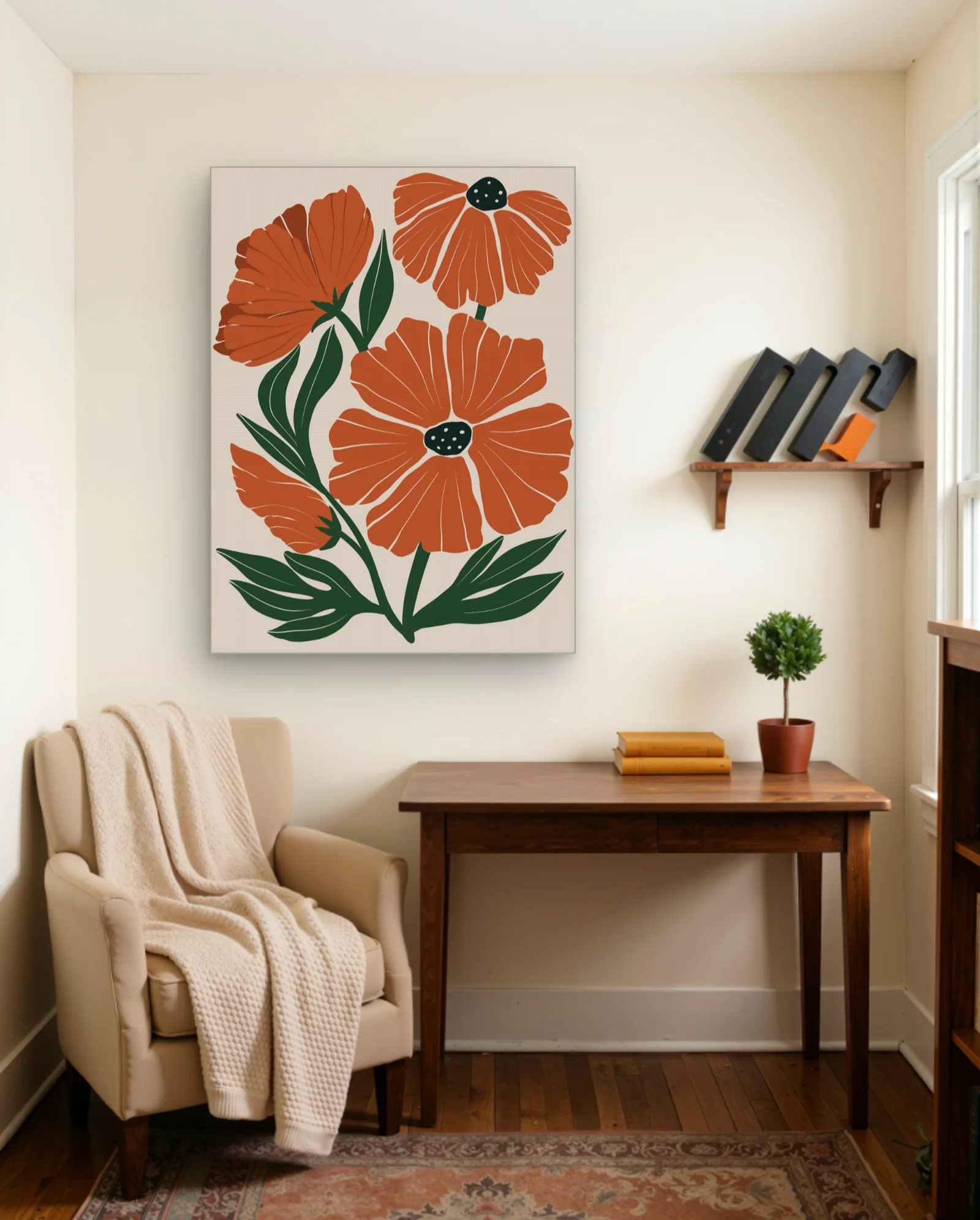 Orange Poppies With Green Leaves Wall Art — Abstract abstract & modern wall art poster