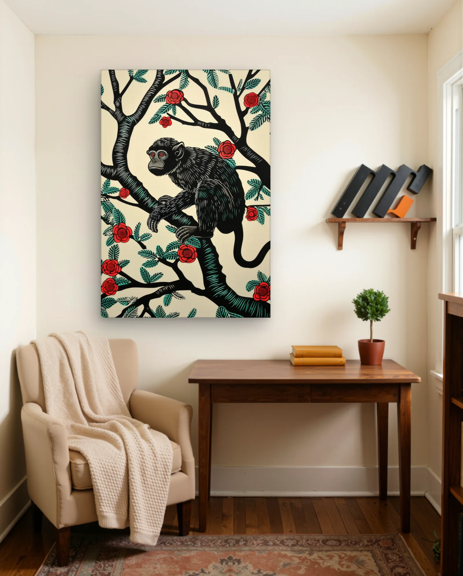 Black Monkey Red Flowers Wall Art — Abstract abstract & modern wall art poster