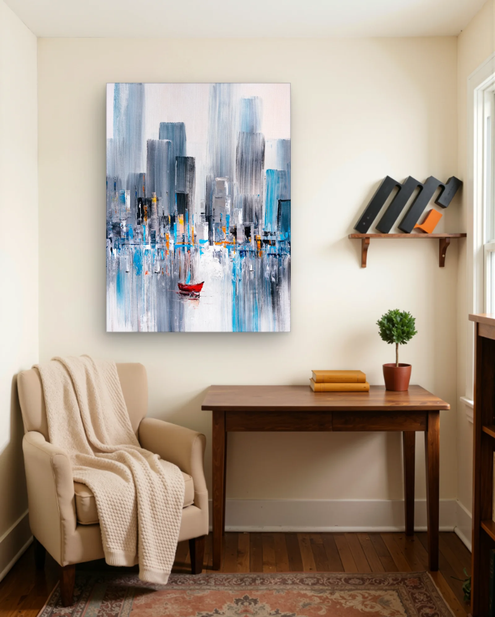 Red Sailboat Cityscape Wall Art — framed wall art poster by Memocult