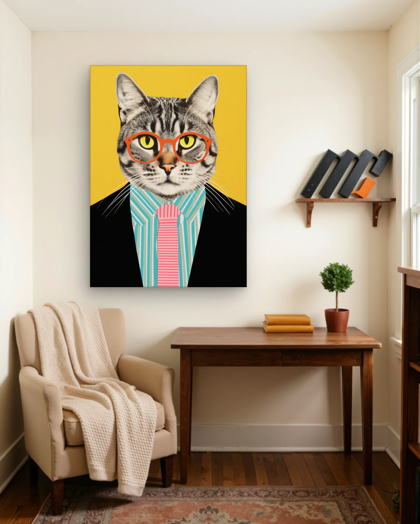 Tabby Cat With Orange Glasses Wall Art — framed wall art poster by Memocult