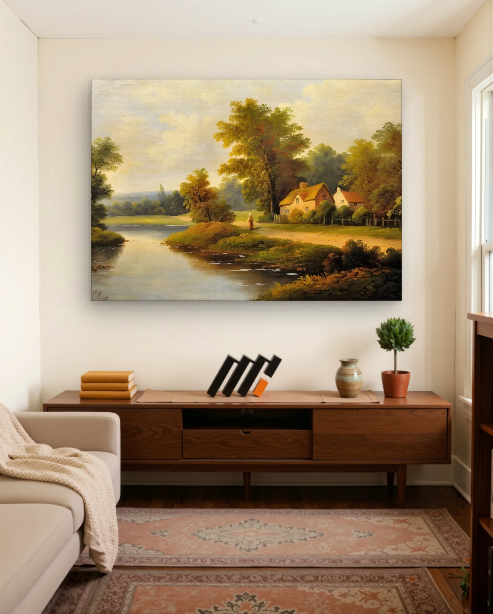 Riverside Cottage With Woman At Golden Hour Wall Art — framed wall art poster by Memocult