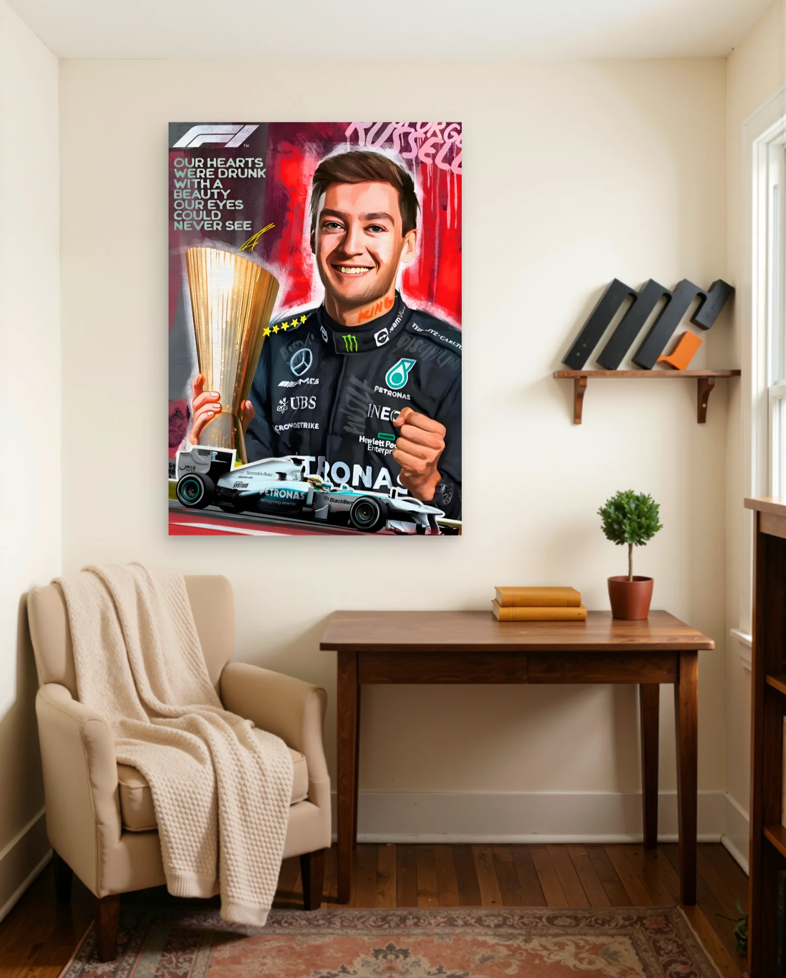 George Russell Victory Trophy Poster — framed wall art poster by Memocult