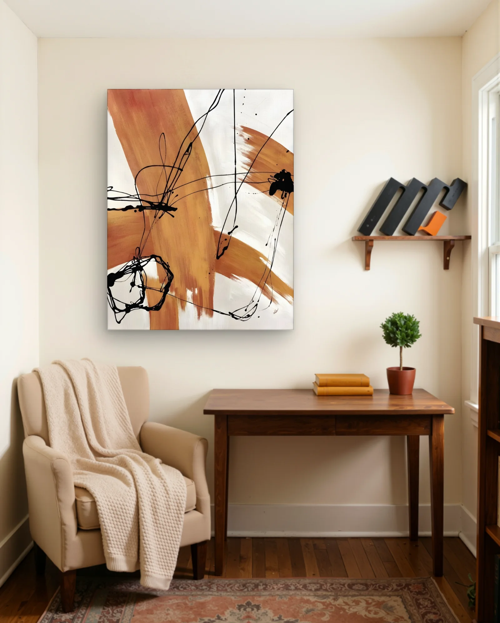 Orange And Black Abstract Strokes Wall Art — framed wall art poster by Memocult
