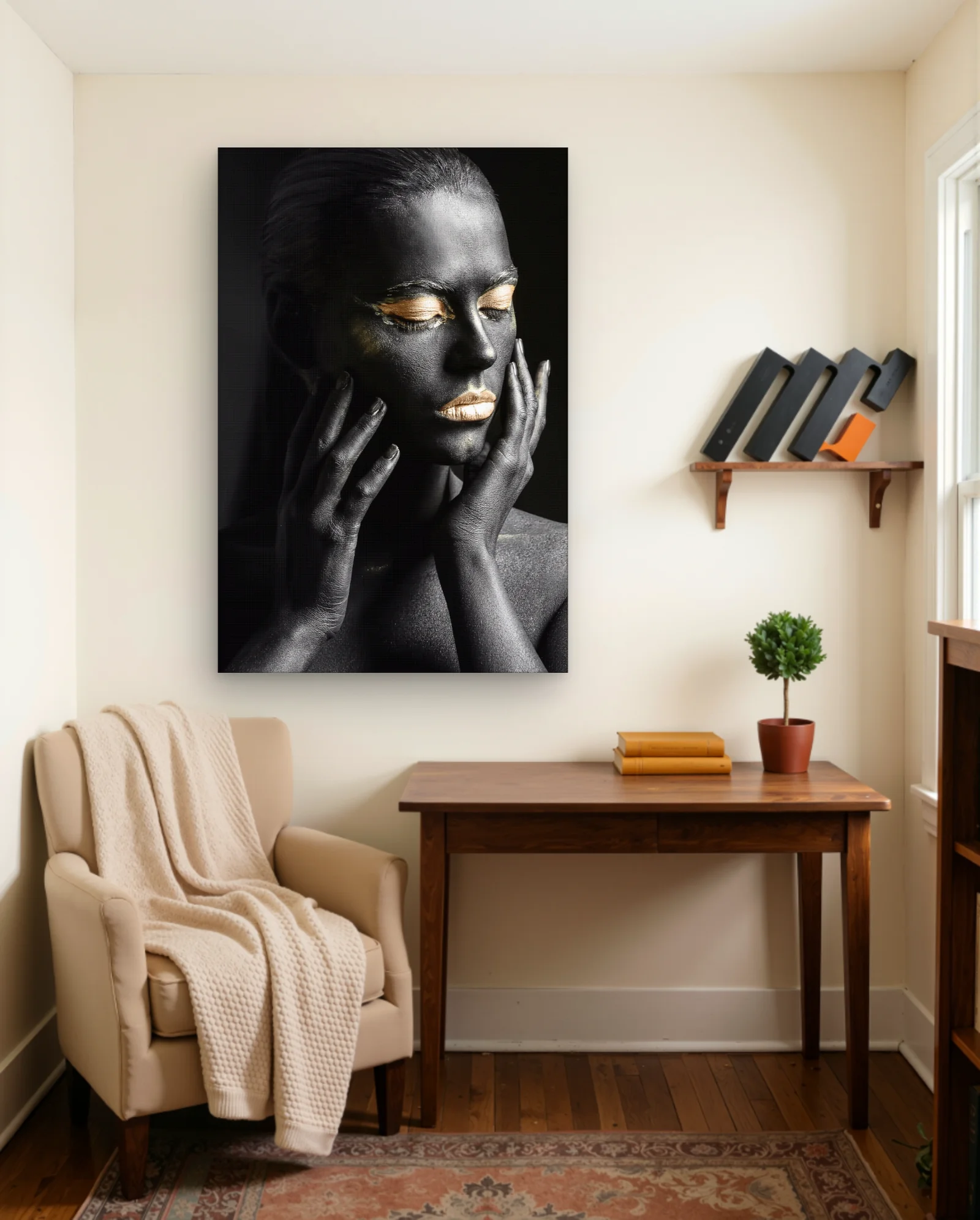 Black Body Paint Gold Eyes Lips Wall Art — framed wall art poster by Memocult