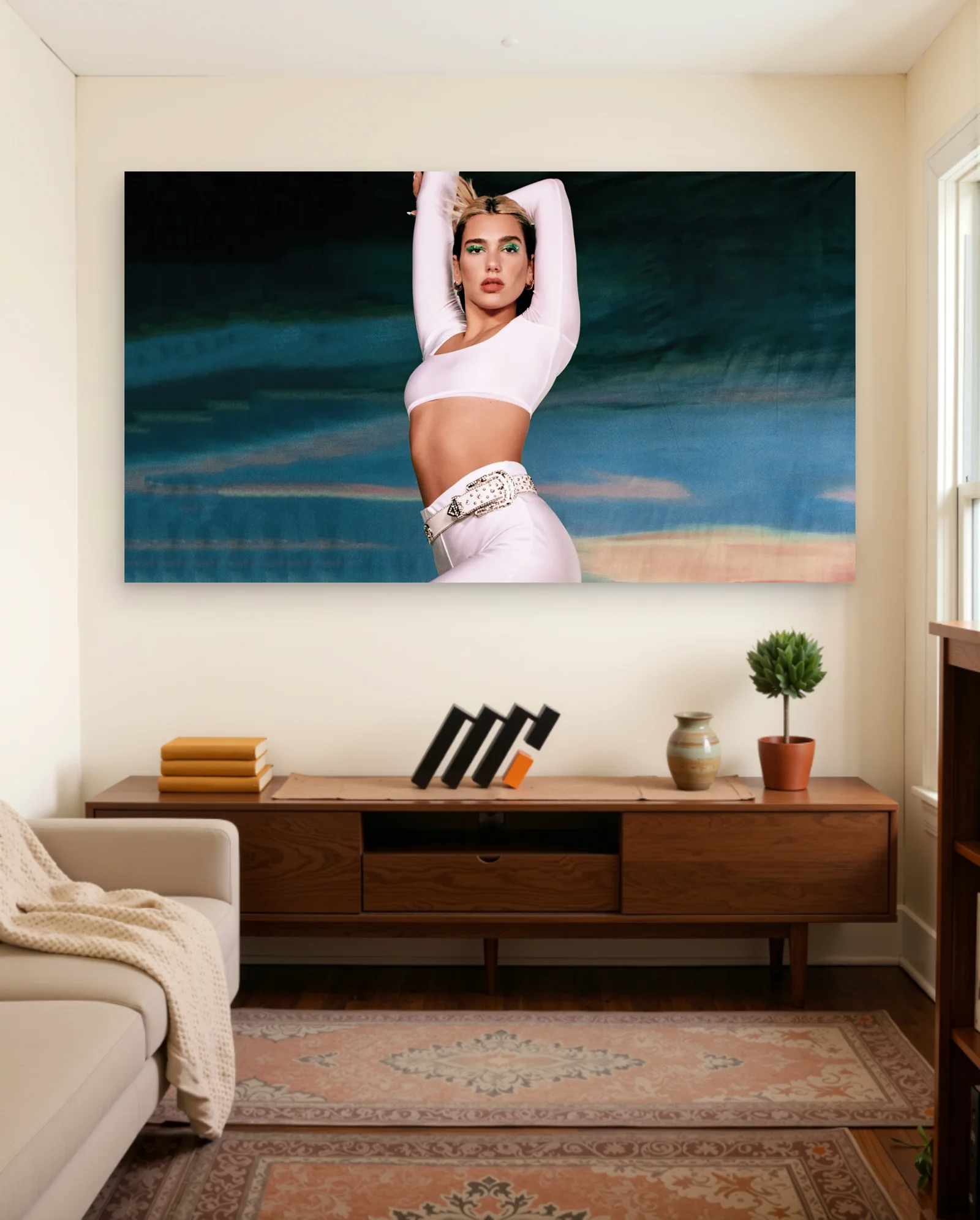 Dua Lipa White Outfit Pose Poster — framed wall art poster by Memocult