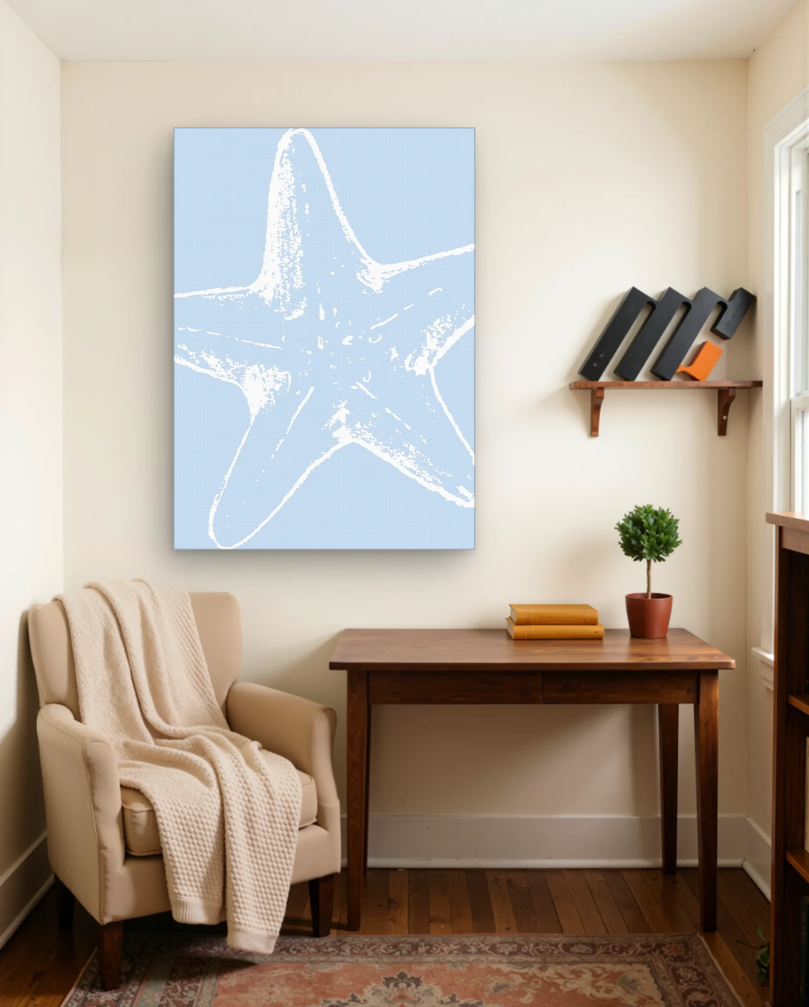 White Starfish Pale Blue Wall Art — framed wall art poster by Memocult
