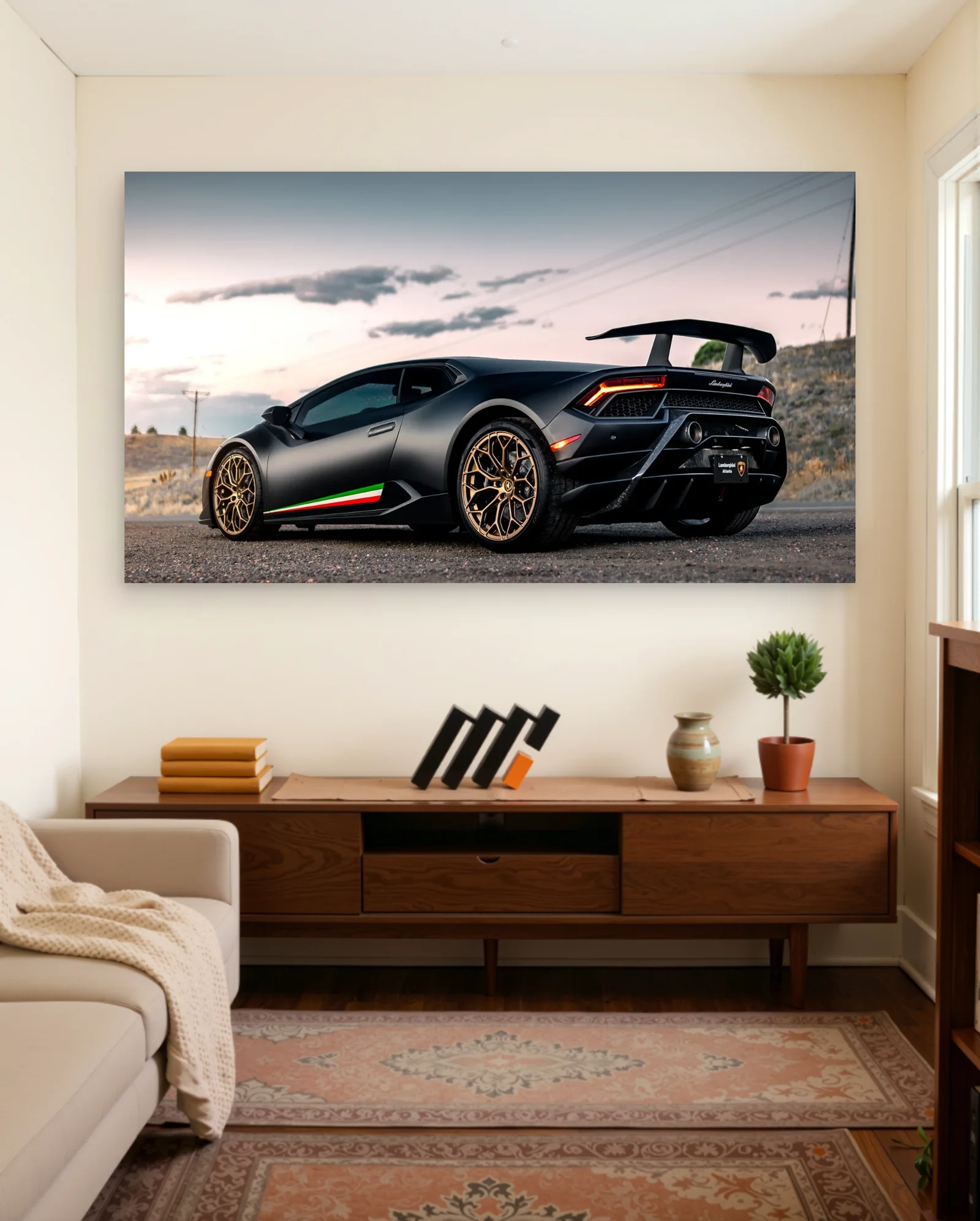 Matte Black Lamborghini Huracan Gold Wheels Poster — framed wall art poster by Memocult