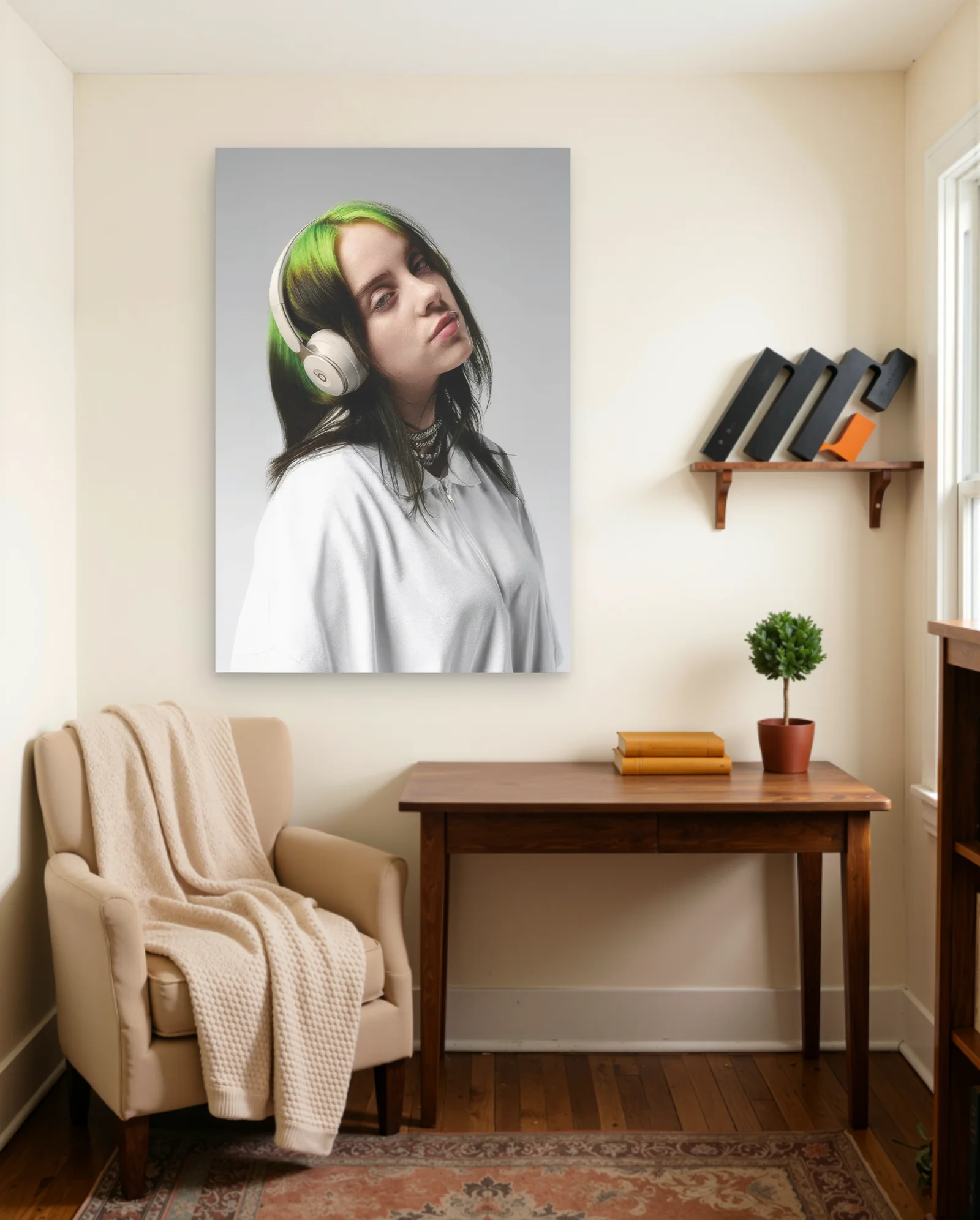 Billie Eilish With White Headphones Poster — framed wall art poster by Memocult