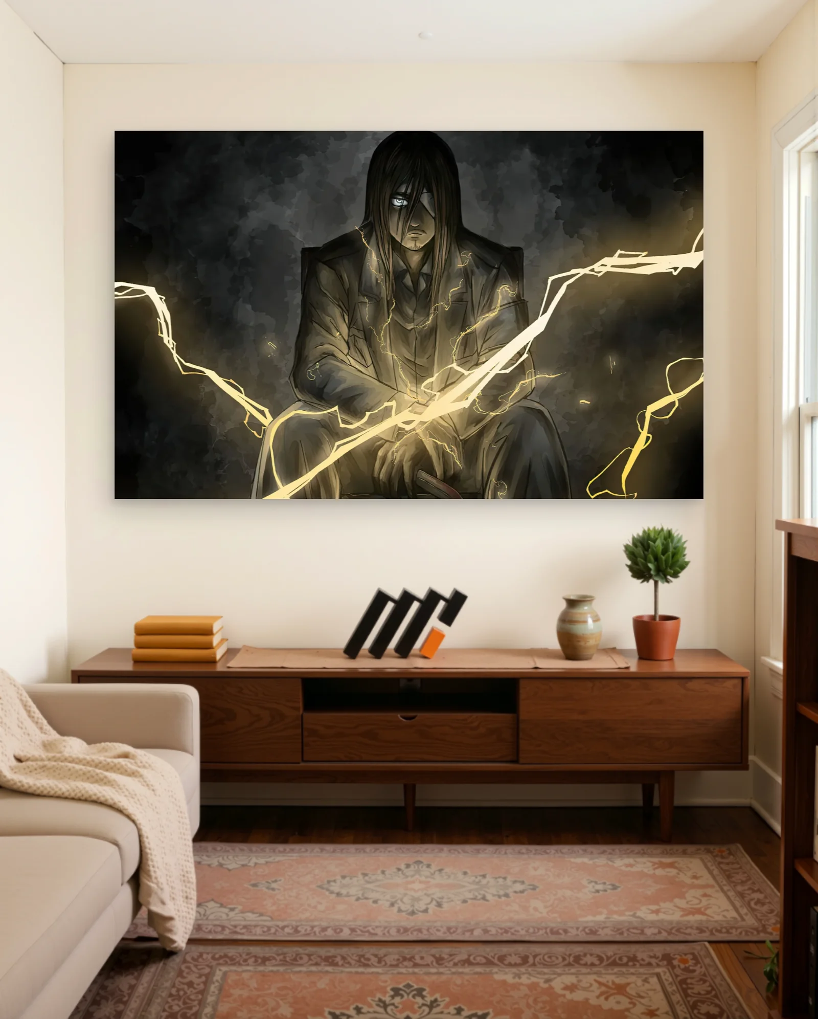 Eren Yeager Lightning Pose Poster — framed wall art poster by Memocult