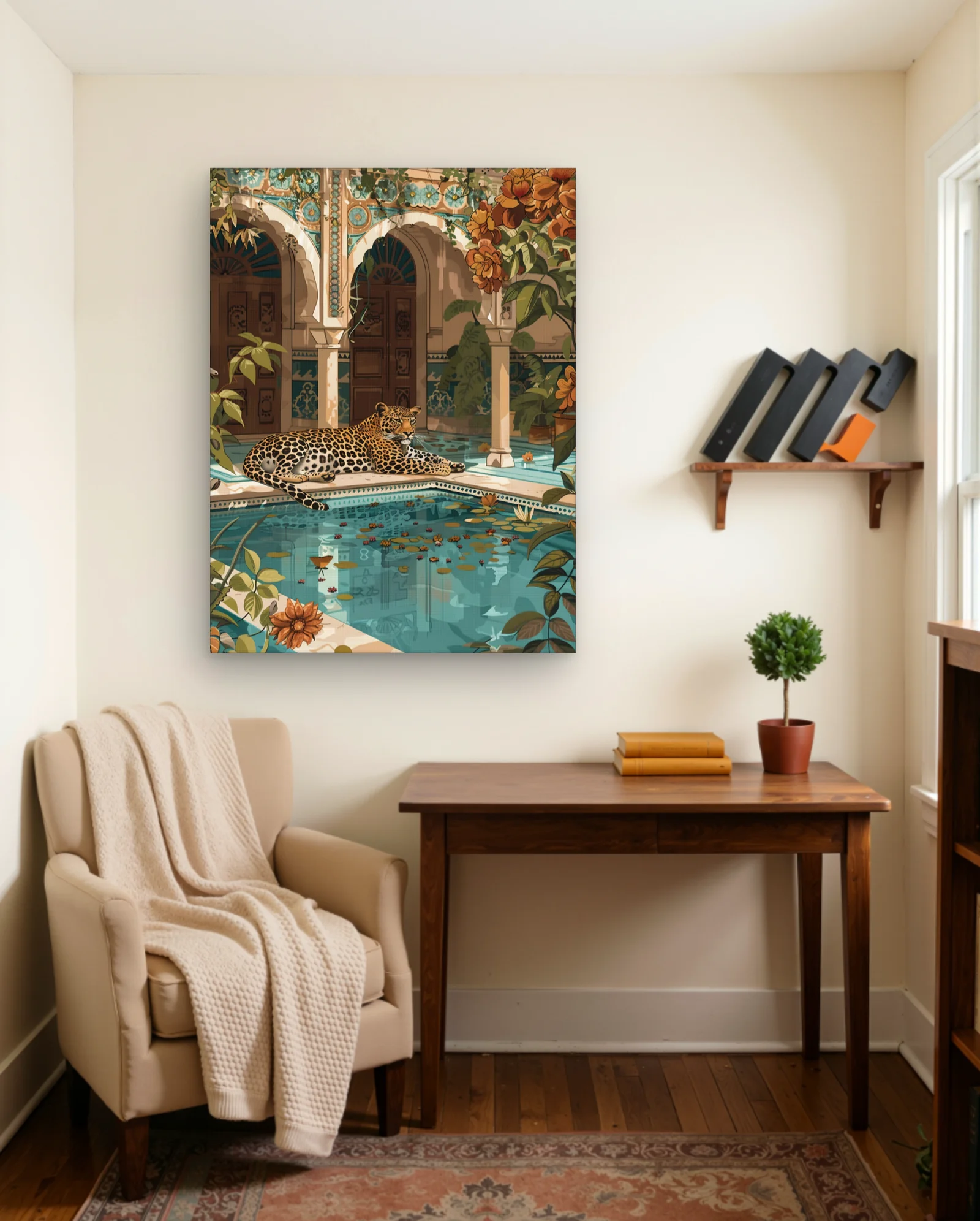 Leopard By Moorish Fountain Pool Wall Art — framed wall art poster by Memocult