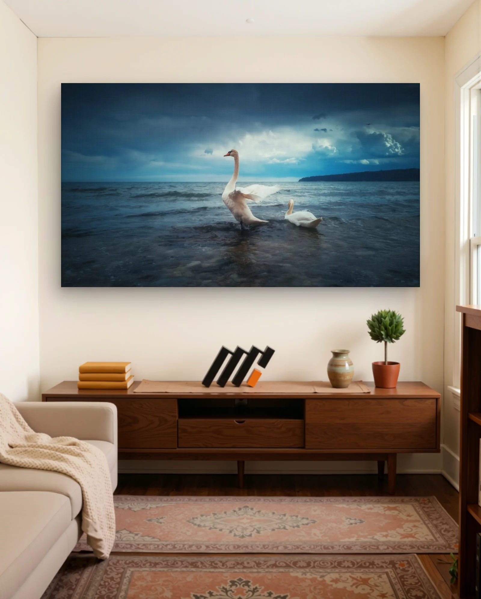Mute Swan Wing Stretch On Stormy Shore Wall Art — framed wall art poster by Memocult