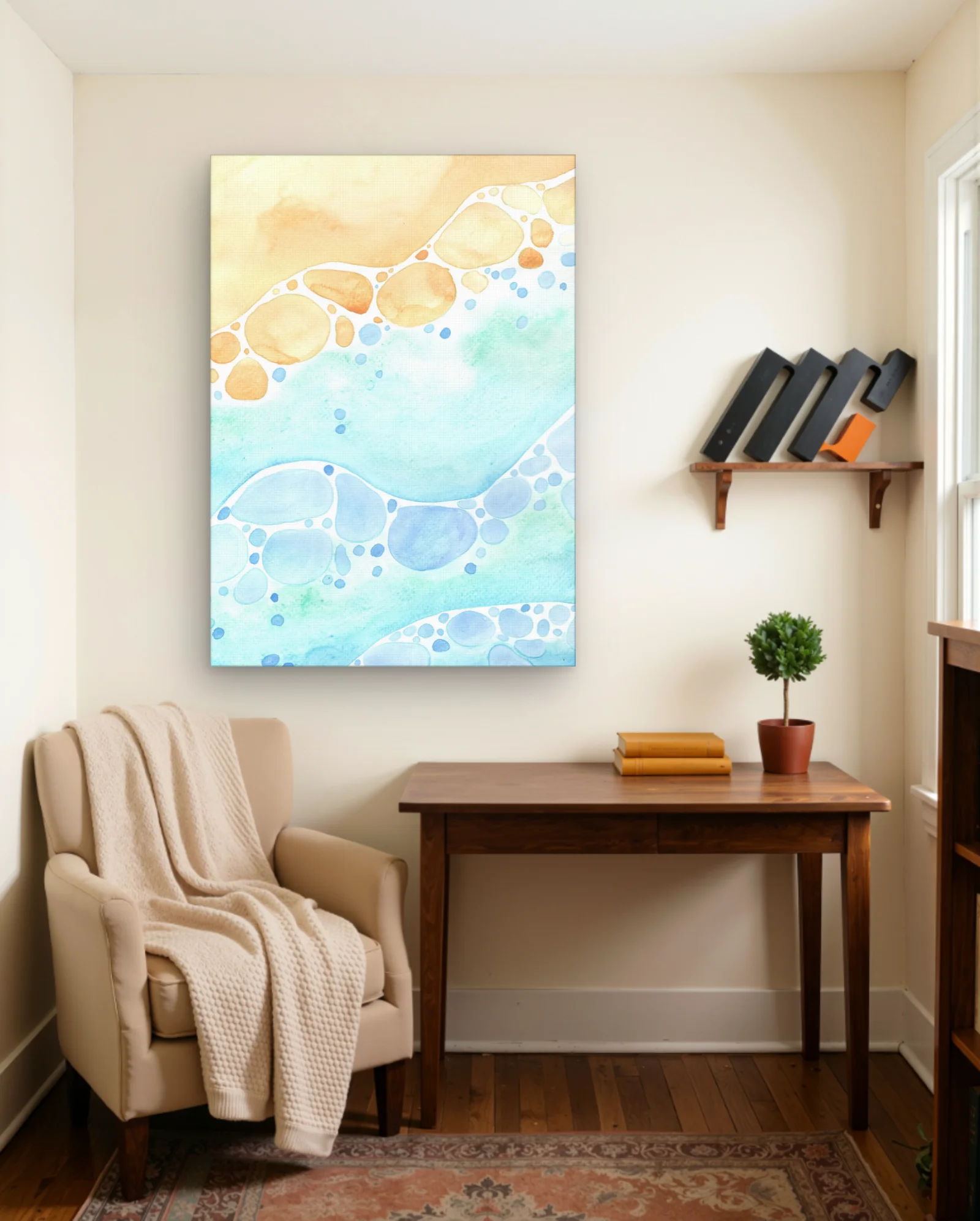 Watercolor Beach Pebbles And Waves Wall Art — framed wall art poster by Memocult