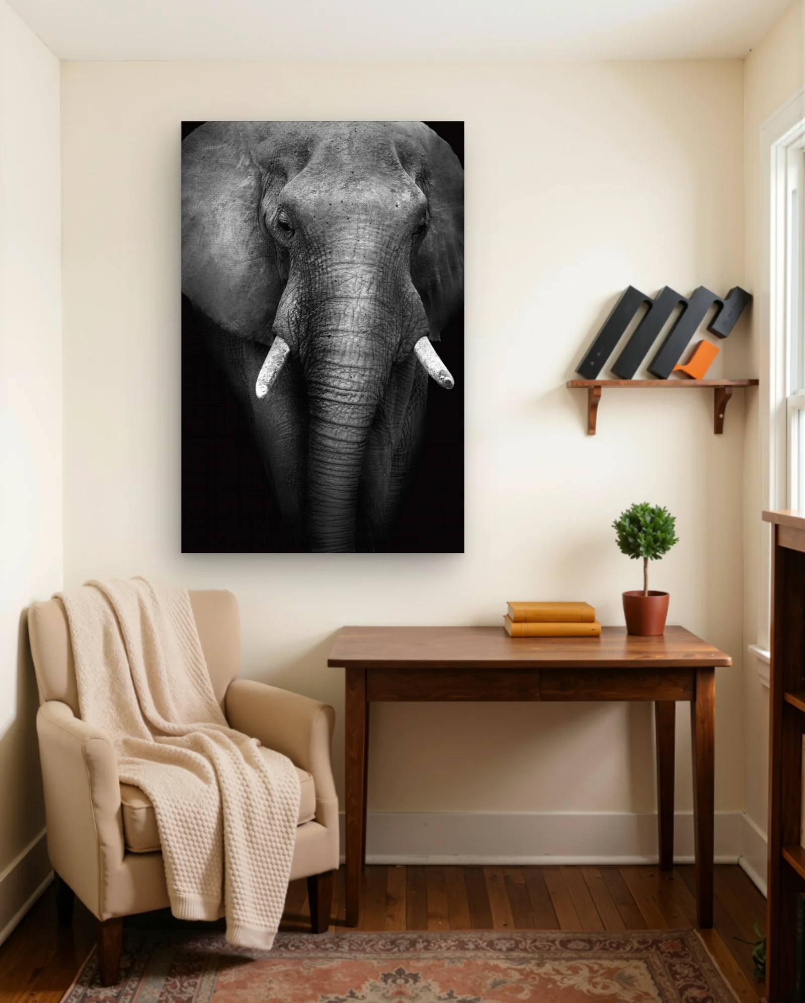 Elephant Front Portrait Tusks Wall Art — framed wall art poster by Memocult