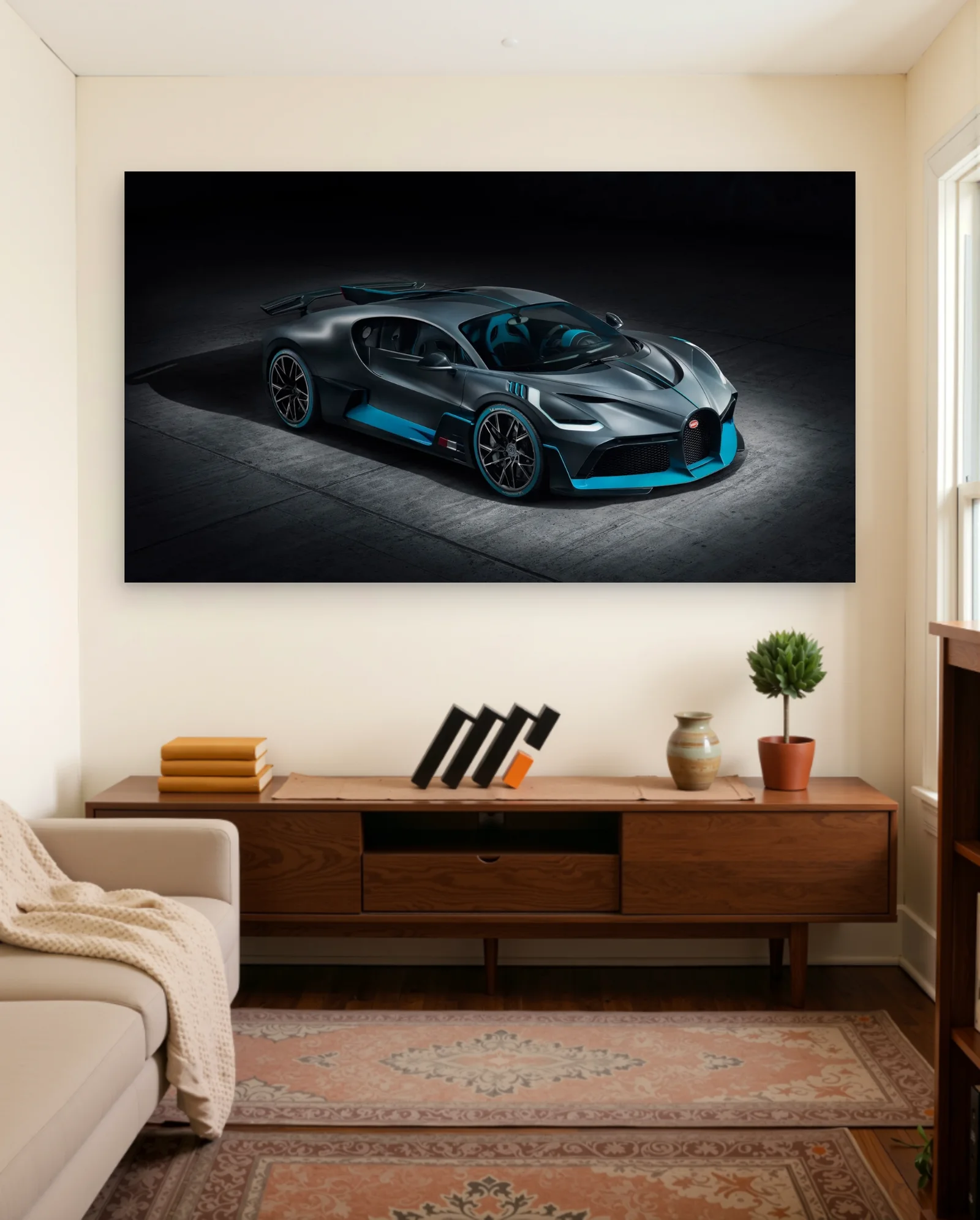 Bugatti Divo — Matte Grey with Cyan Accents 3/4 Front View — framed wall art poster by Memocult