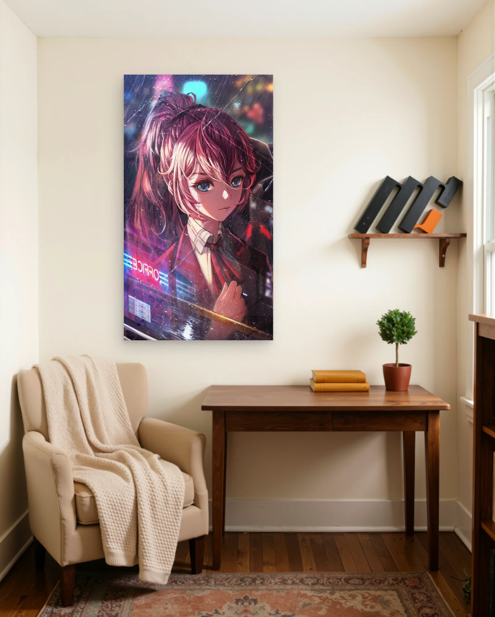 Anime Girl Pink Hair Rainy Neon Office Poster — framed wall art poster by Memocult