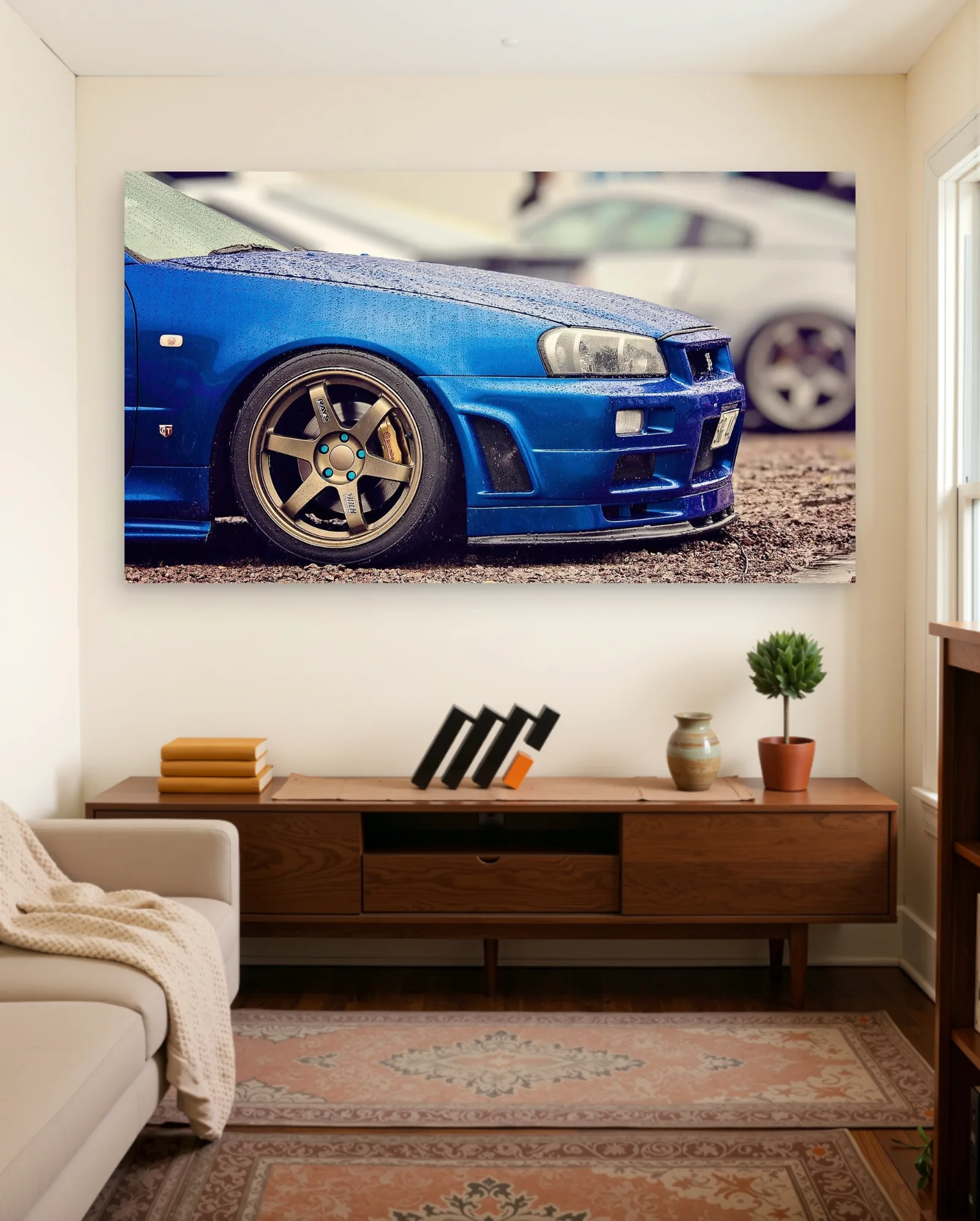 Nissan Skyline R34 Blue Rain Poster — framed wall art poster by Memocult