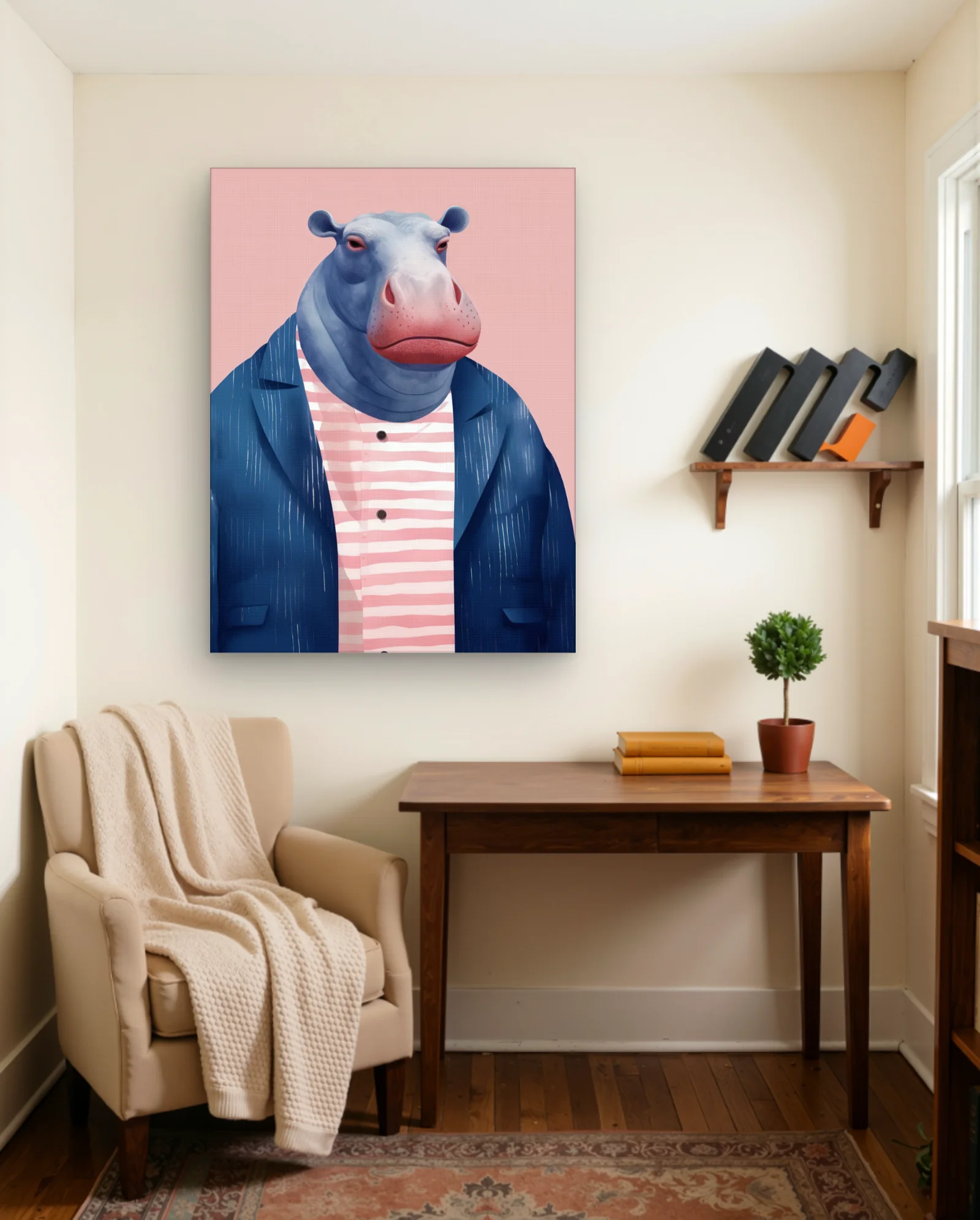 Hippo In Blue Blazer Pink Stripe Shirt Wall Art — Modern Digital Art abstract & modern wall art poster
