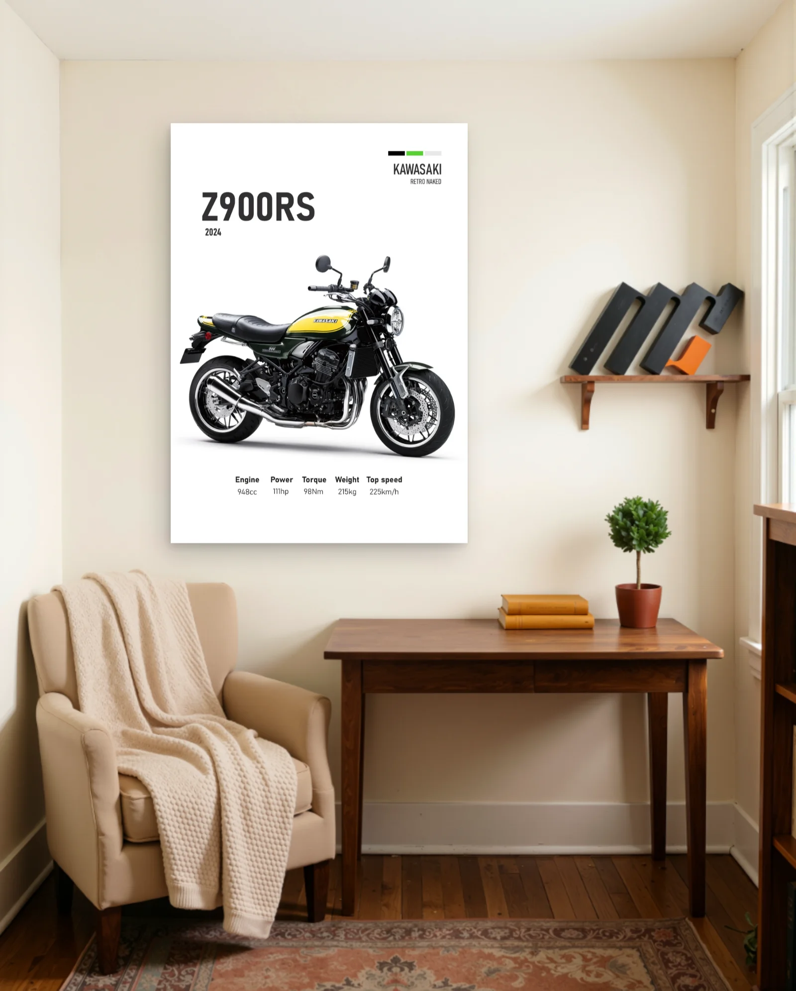 Kawasaki Z900RS 2024 Green Yellow Poster — framed wall art poster by Memocult