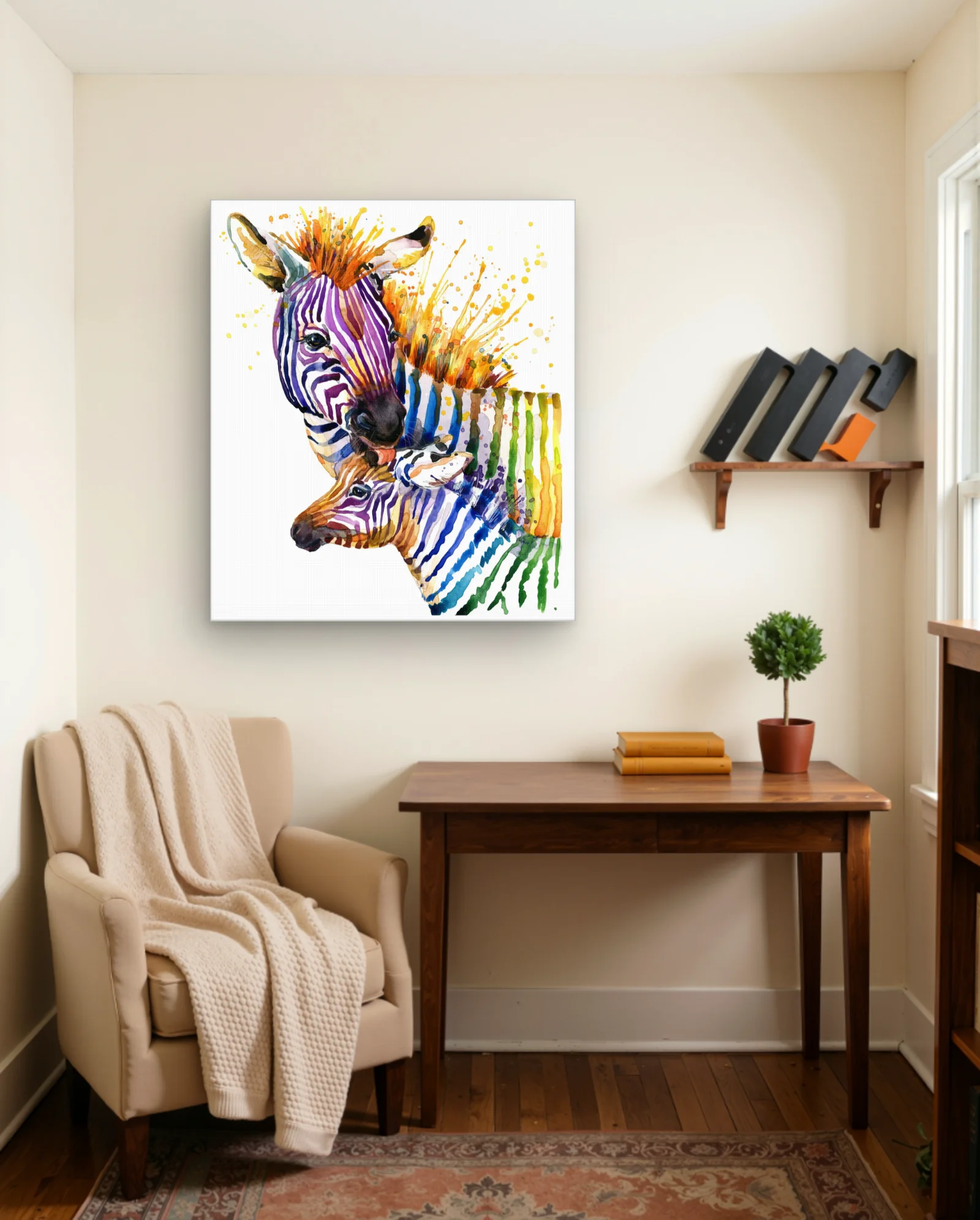 Colorful Zebra Duo Watercolor Wall Art — framed wall art poster by Memocult
