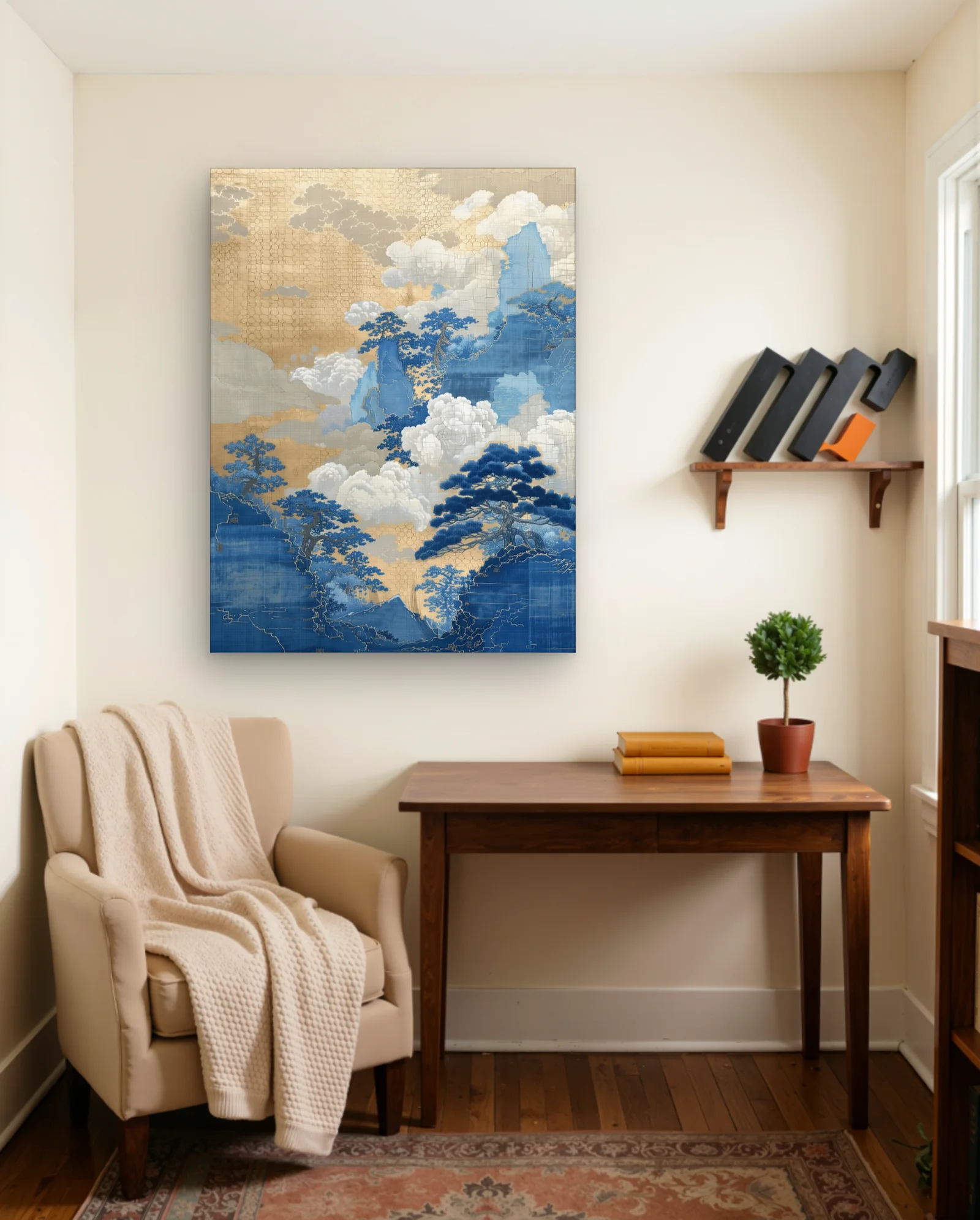 Blue Pine Trees And Gold Clouds Art Print — framed wall art poster by Memocult