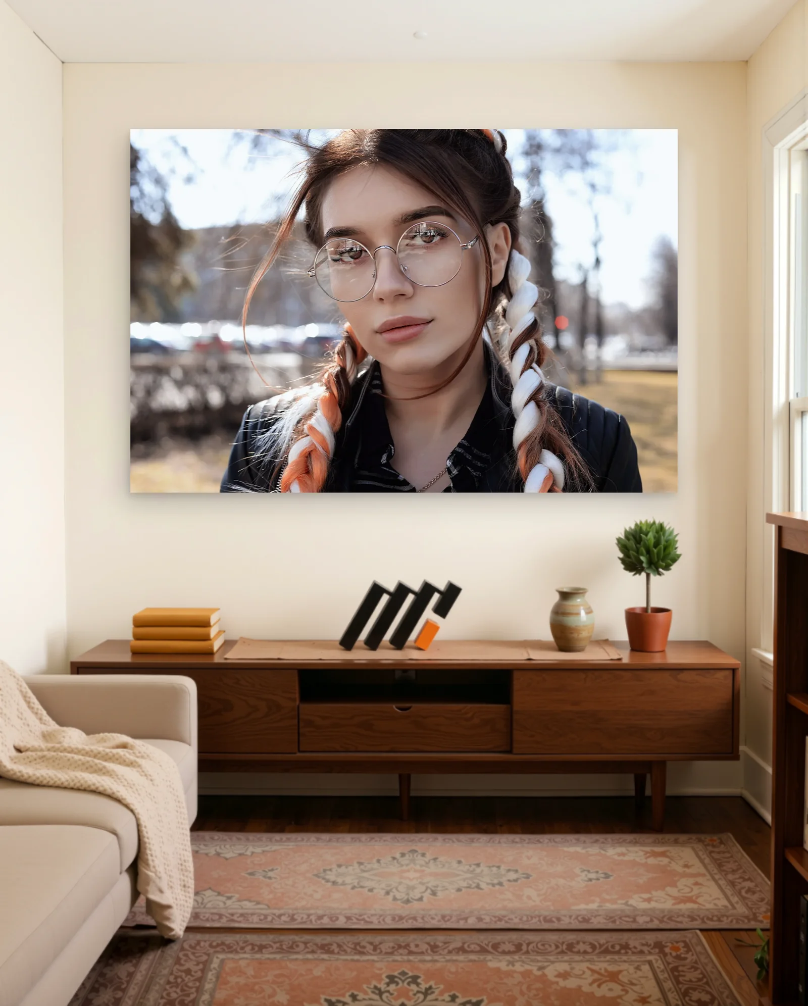 Dua Lipa Round Glasses Braids Poster — framed wall art poster by Memocult