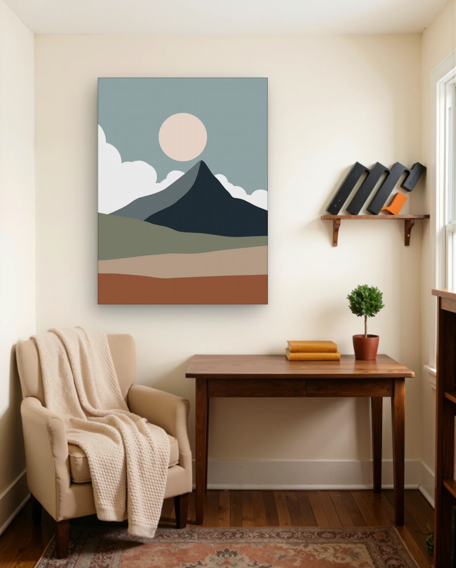 Minimalist Mountains Sun And Clouds Wall Art — framed wall art poster by Memocult