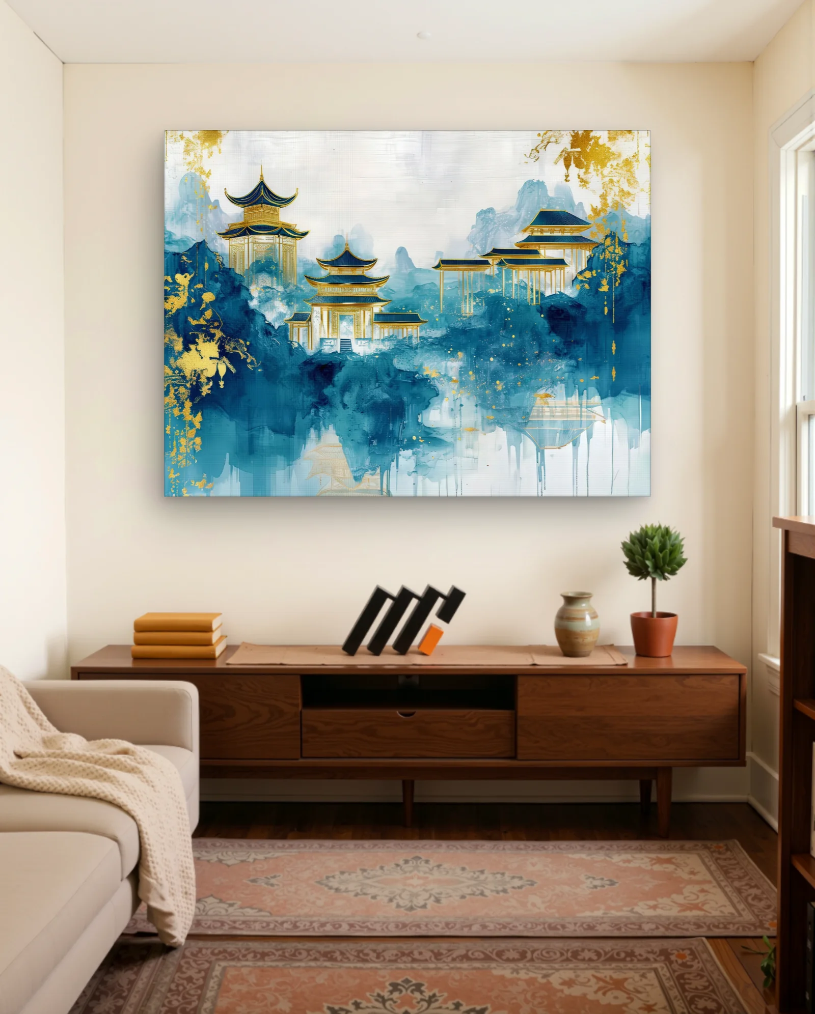 Golden Pagodas Blue Misty Mountains Art Print — framed wall art poster by Memocult