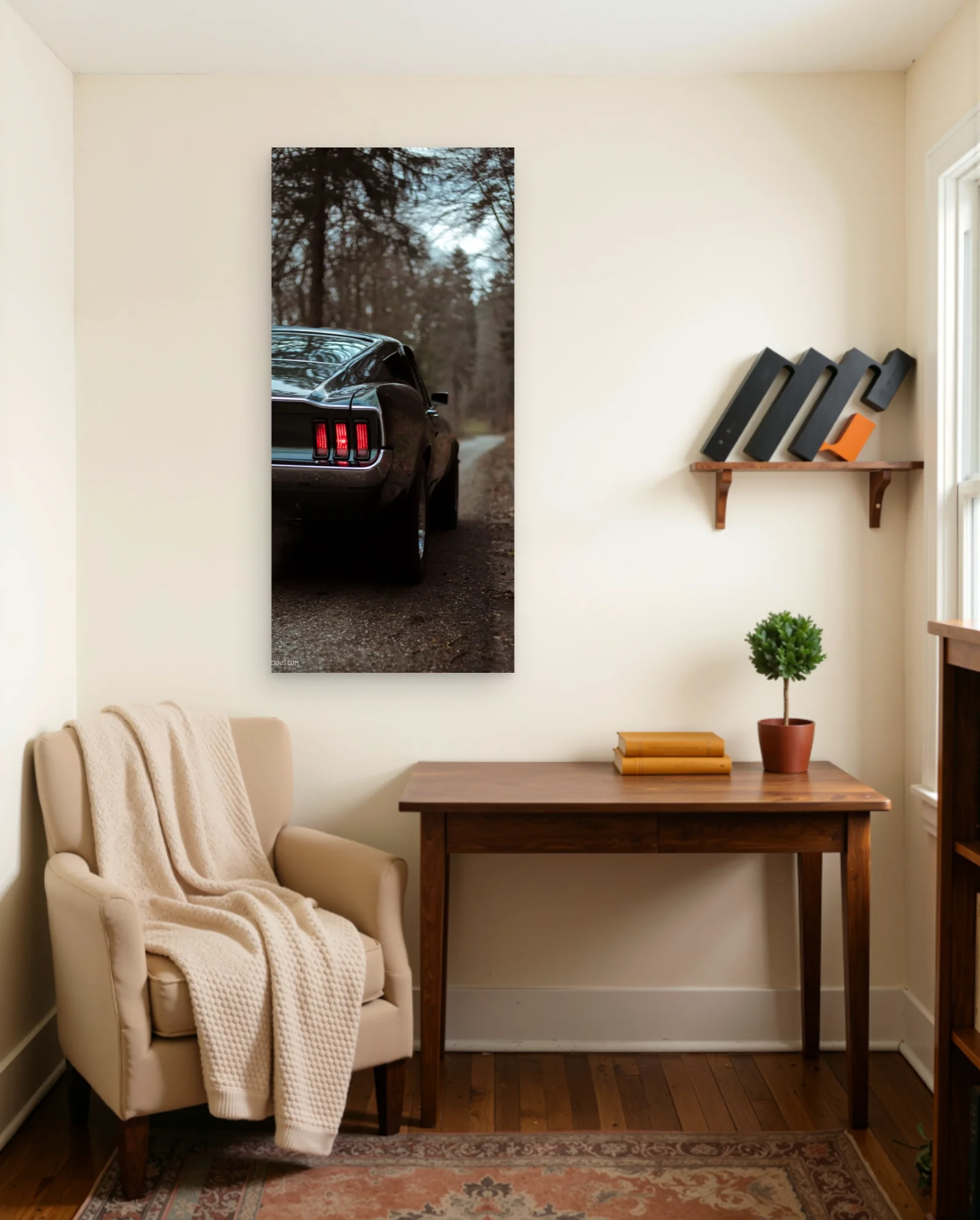 1970s Ford Mustang Fastback Poster — framed wall art poster by Memocult