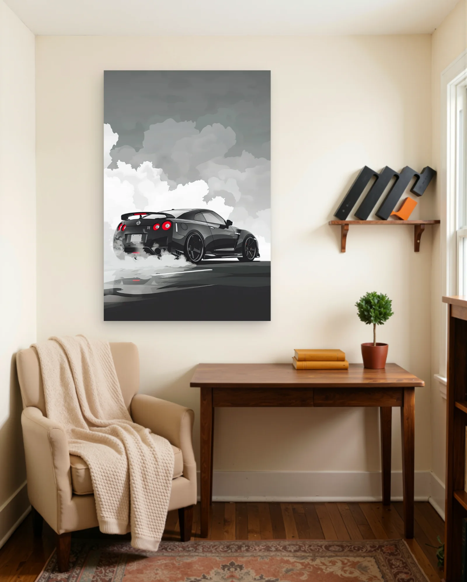 Nissan GT-R Black Drift Poster — framed wall art poster by Memocult