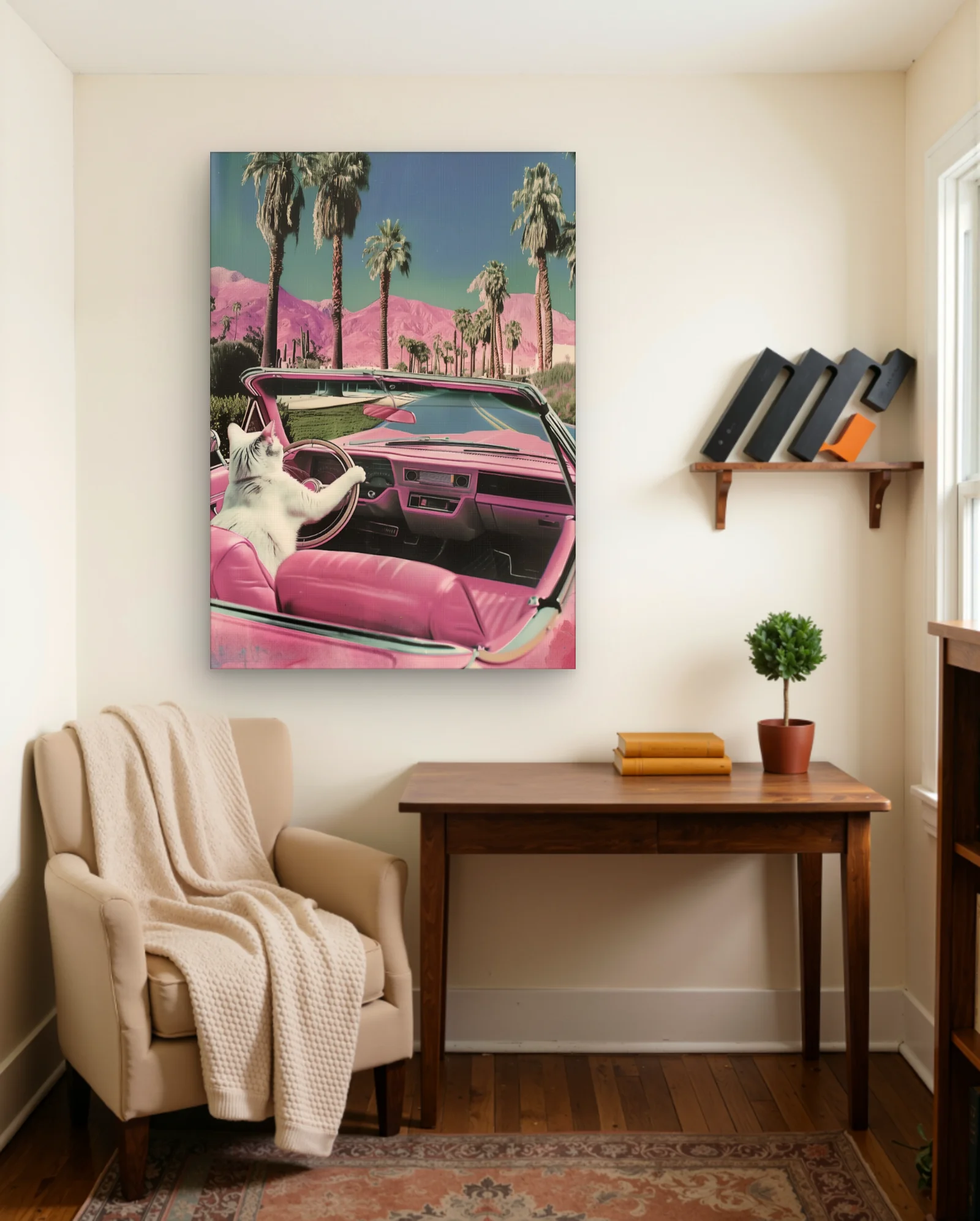 White Cat Driving Pink Convertible Wall Art — framed wall art poster by Memocult