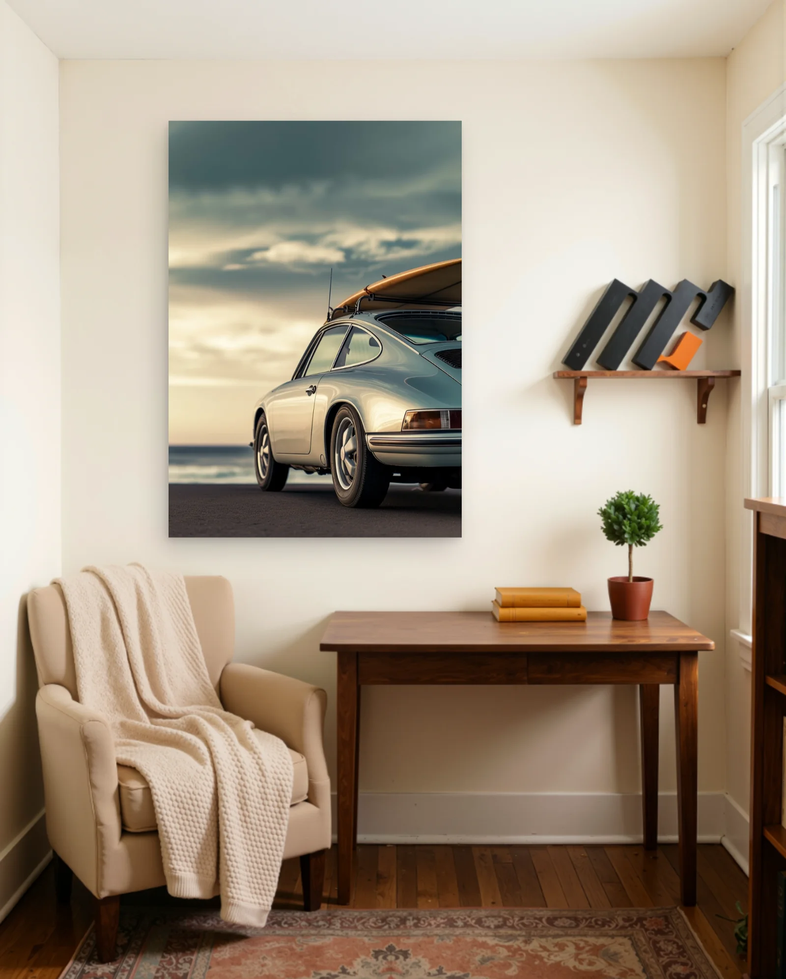 Vintage Porsche 911 With Surfboard Poster — framed wall art poster by Memocult