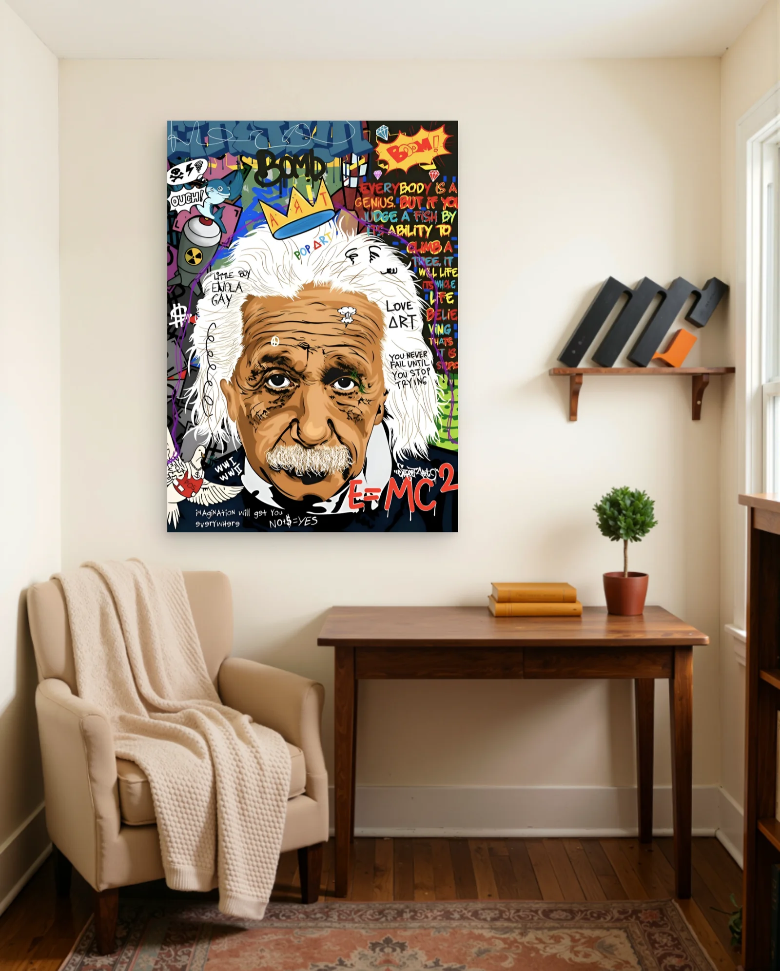 Albert Einstein Pop Art Graffiti Poster — framed wall art poster by Memocult