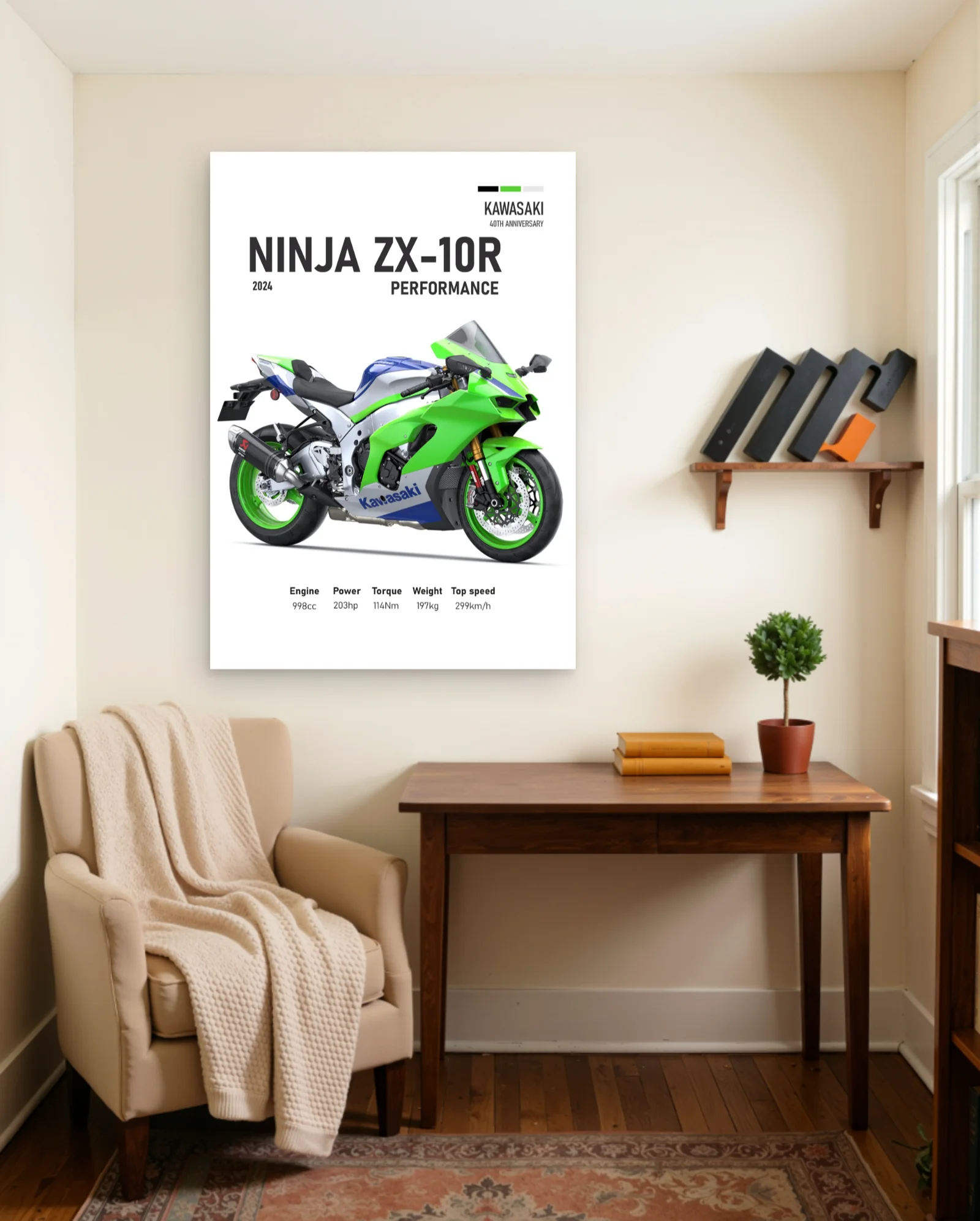Kawasaki Ninja ZX-10R 2024 40th Anniversary Poster — framed wall art poster by Memocult