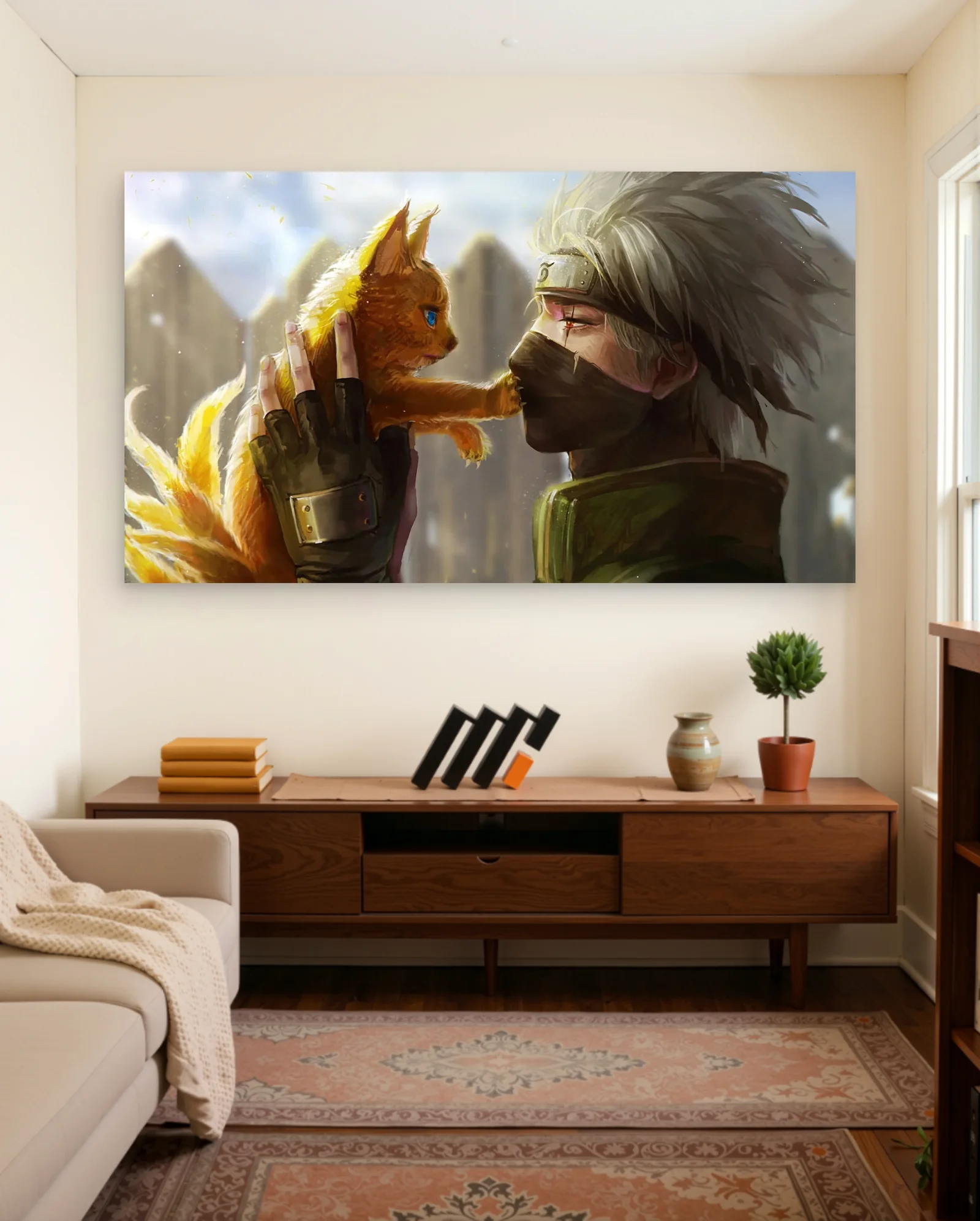 Kakashi Hatake And Baby Kurama Poster — framed wall art poster by Memocult