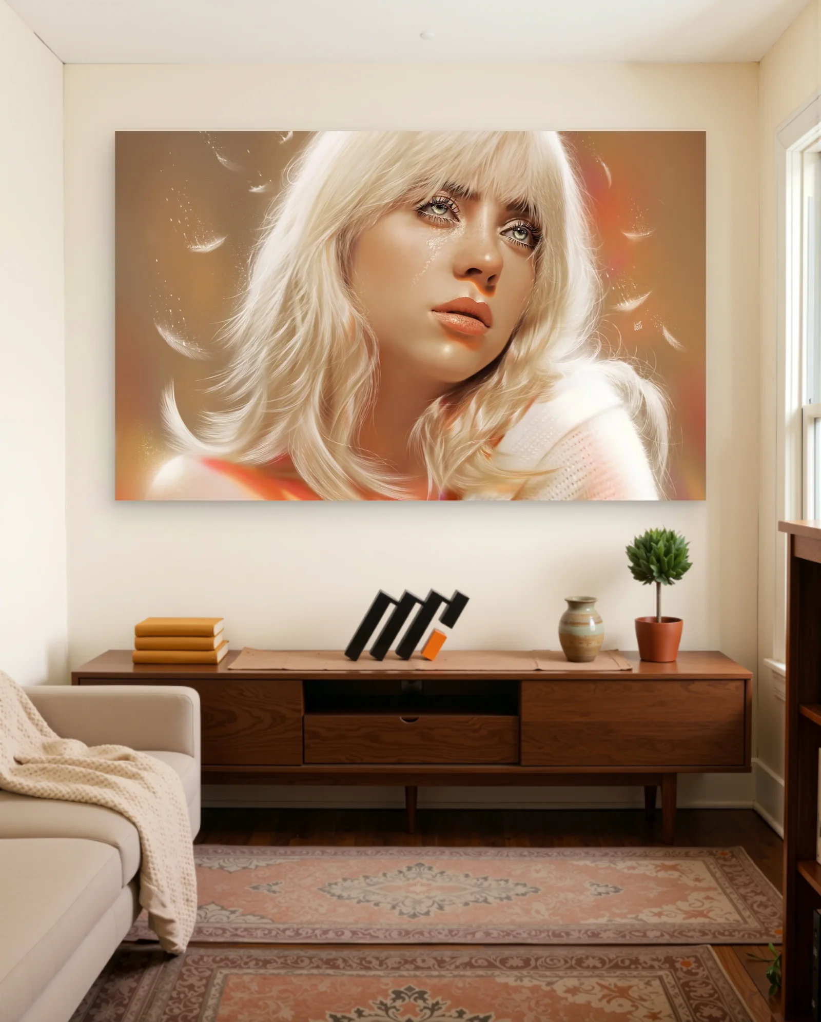 Billie Eilish With Feathers Poster — framed wall art poster by Memocult