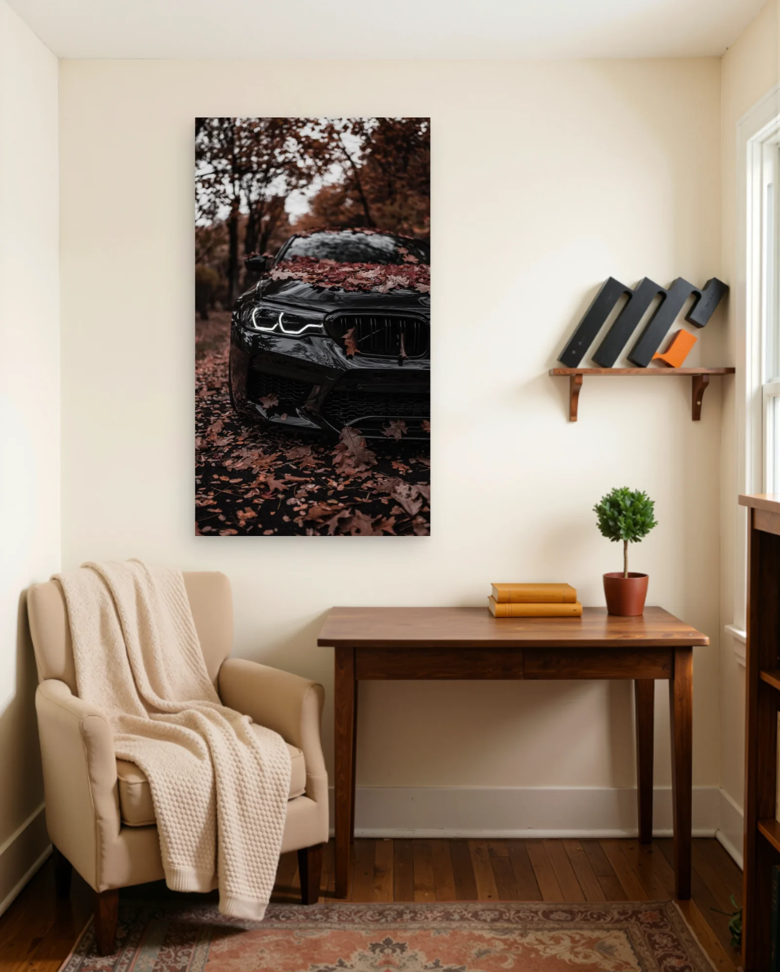 Black BMW M5 Autumn Leaves Poster — framed wall art poster by Memocult