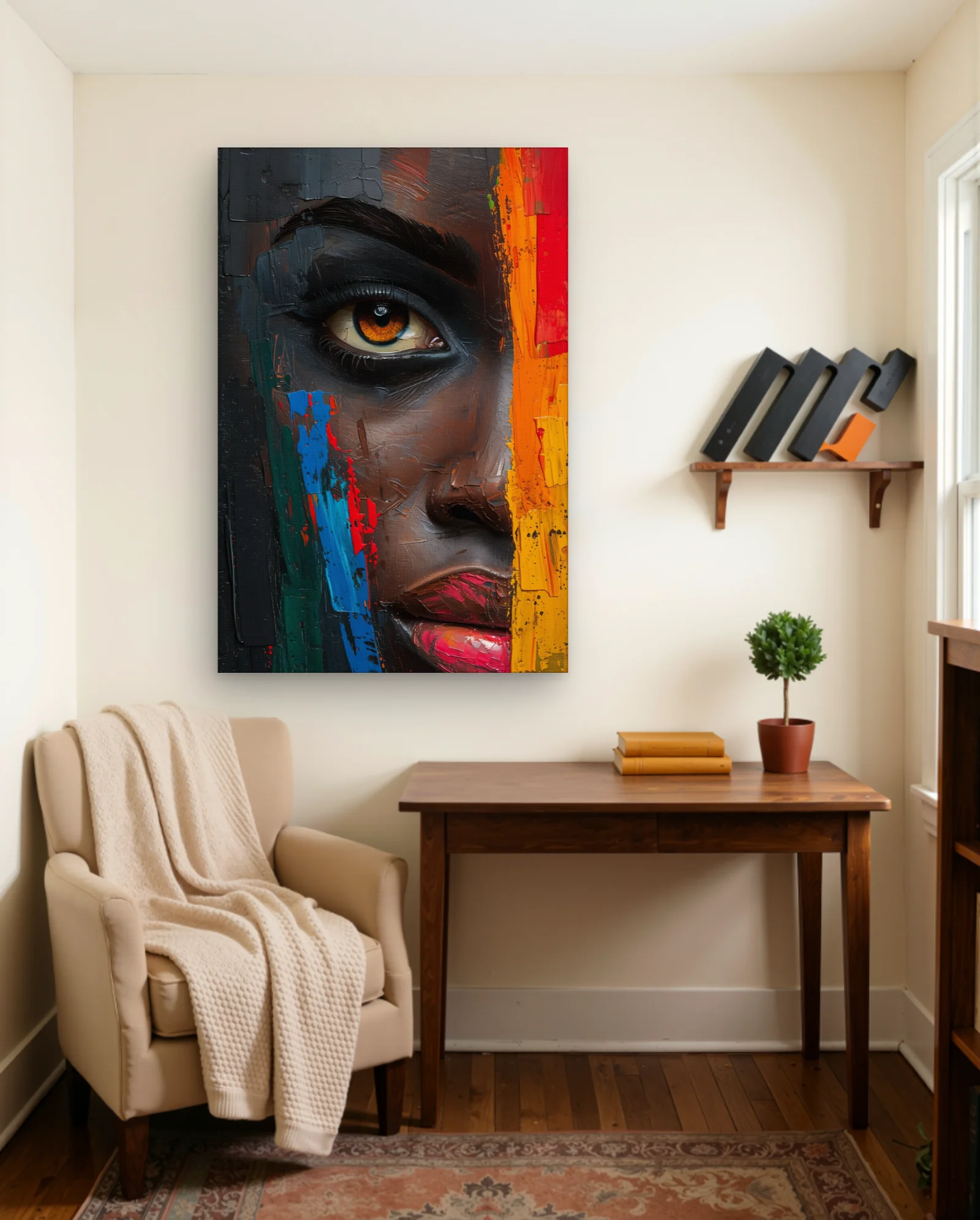 Abstract Face Portrait With Bold Colors Wall Art — framed wall art poster by Memocult