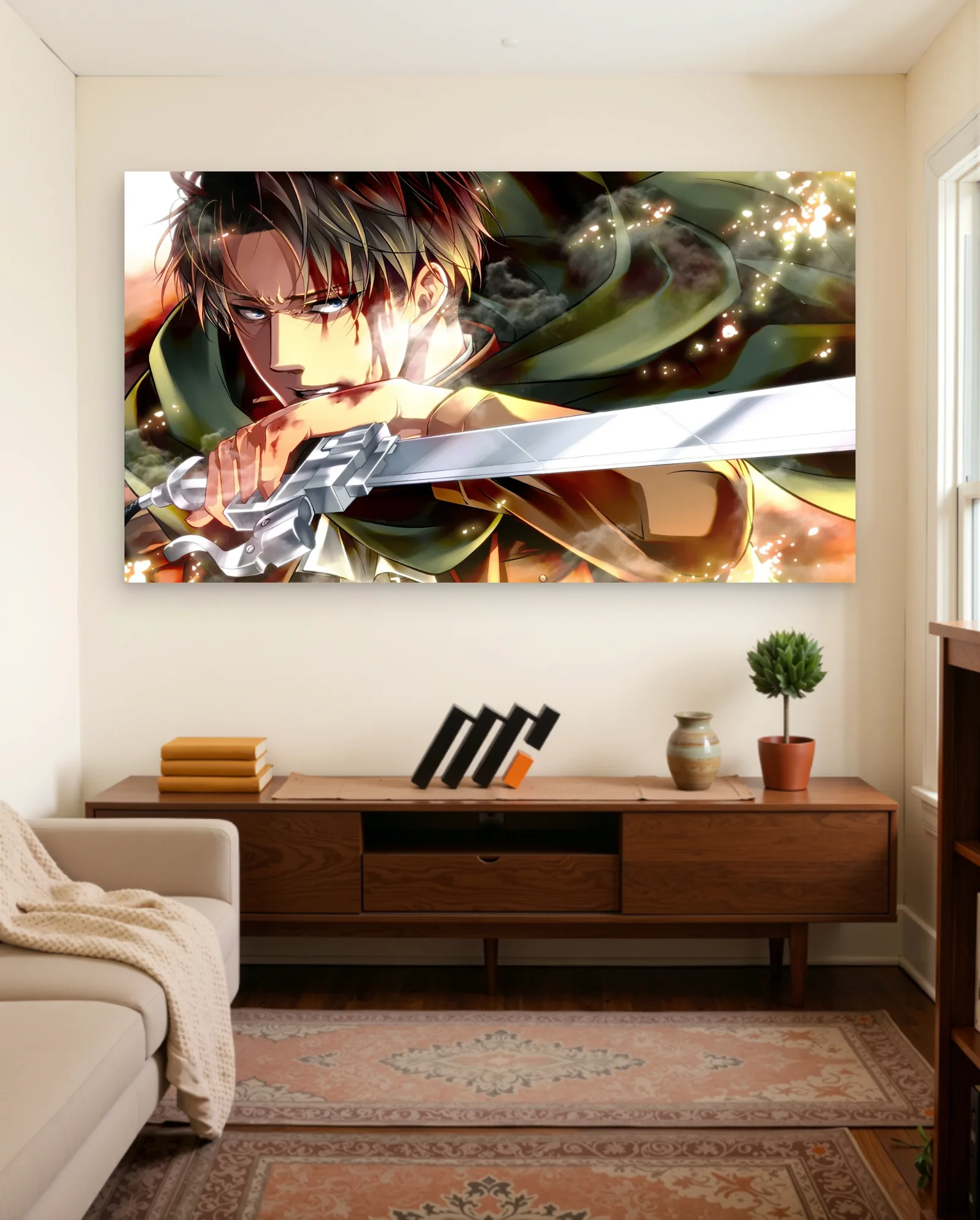 Levi Ackerman Bloodied Battle Stance Poster — framed wall art poster by Memocult