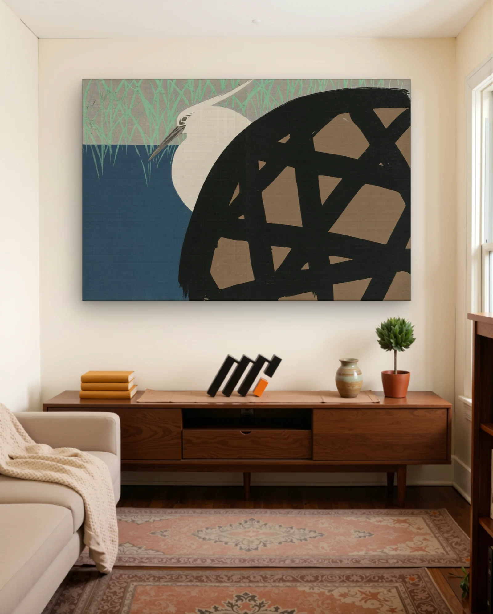 White Heron By Water Art Print — framed wall art poster by Memocult