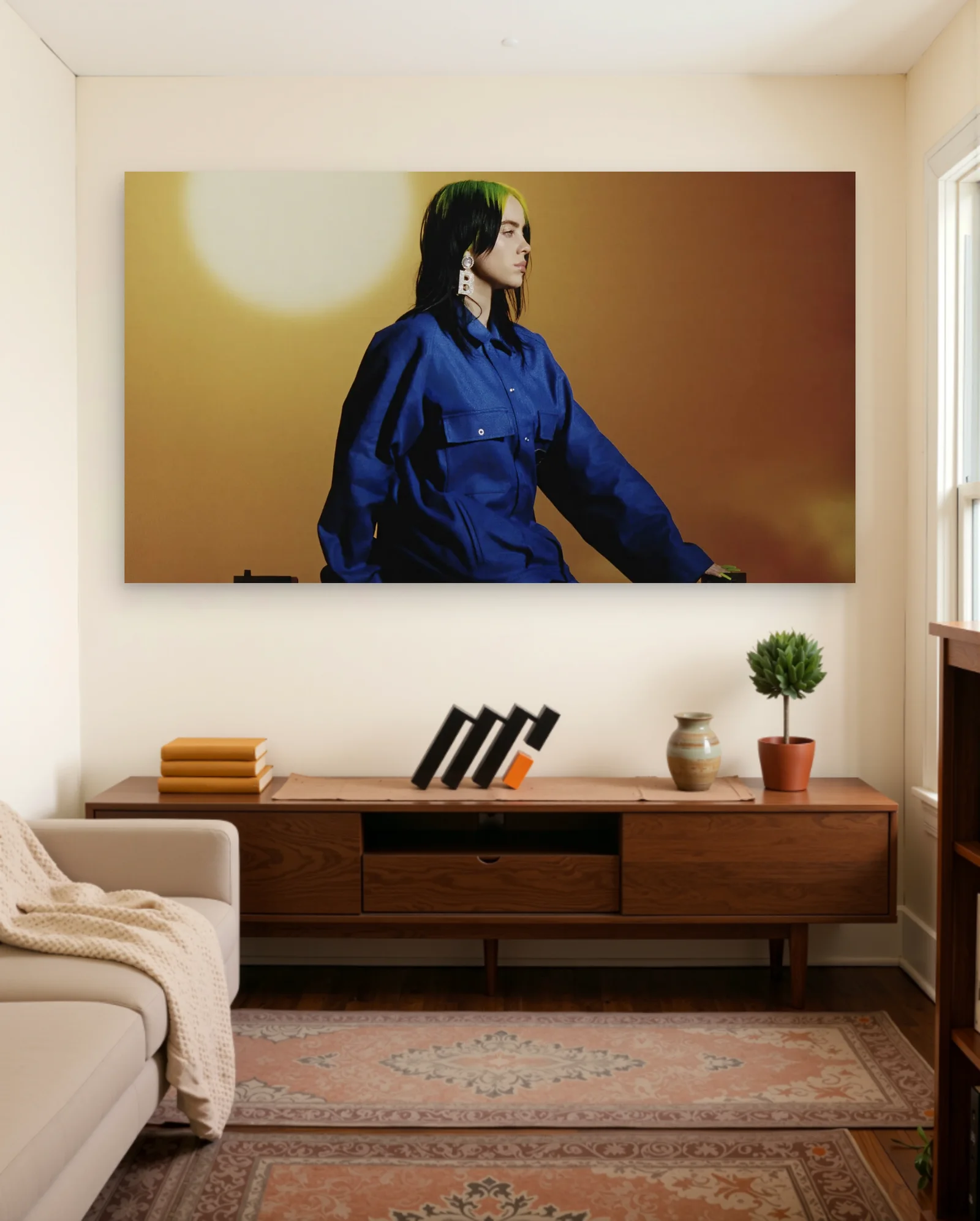 Billie Eilish Blue Outfit Green Streaks Poster — framed wall art poster by Memocult