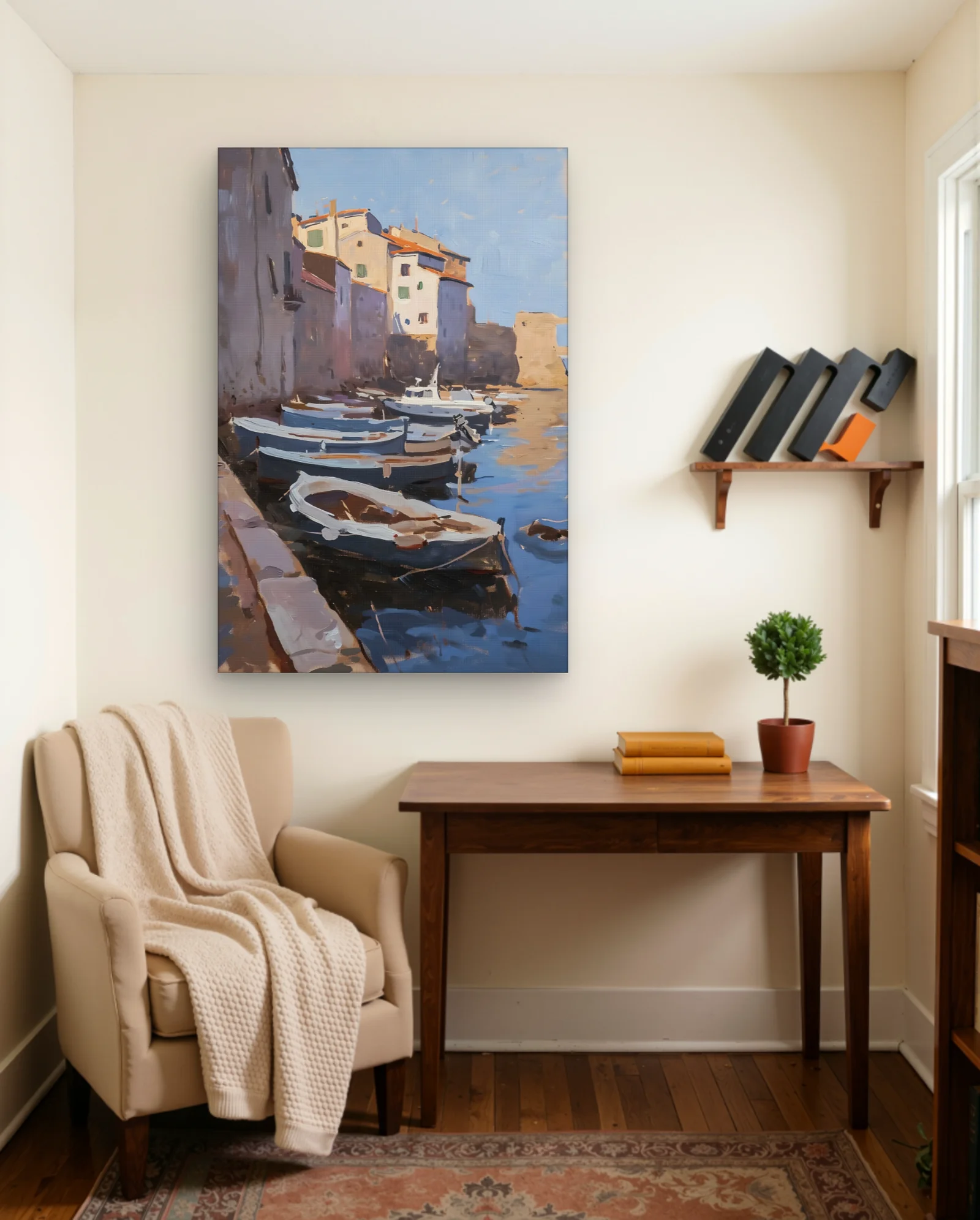 Boats In Harbor With Ochre Houses Wall Art — framed wall art poster by Memocult