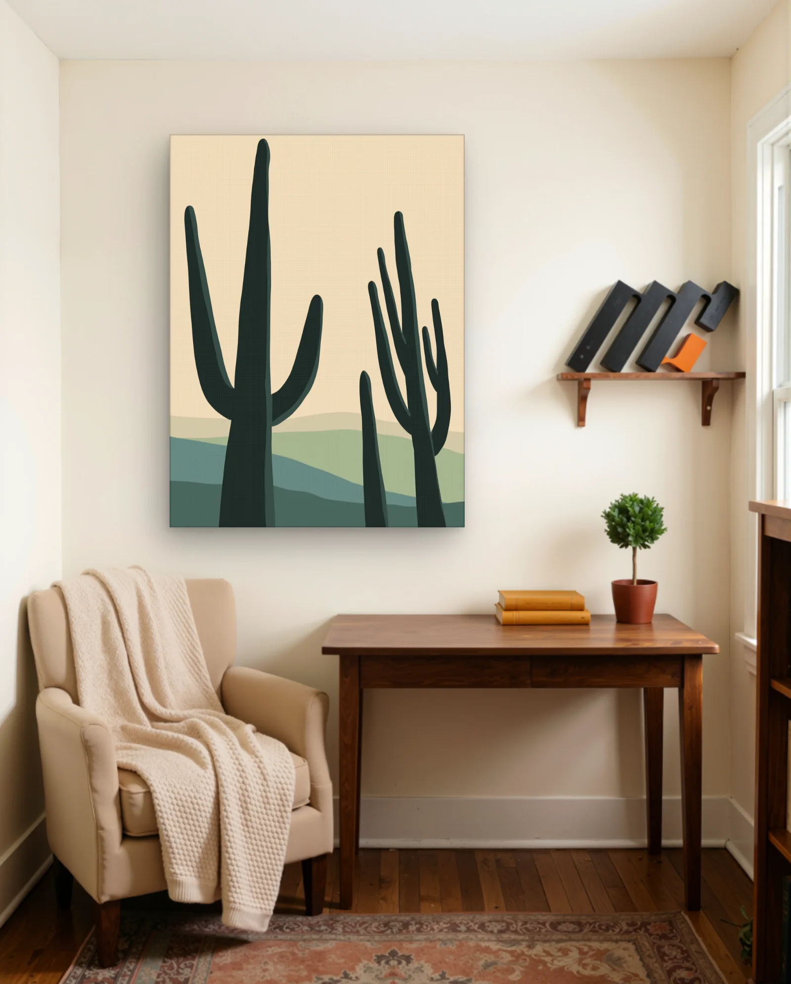 Desert Saguaro Study — Tall Green Cacti on Layered Hills — Modern Digital Art abstract & modern wall art poster